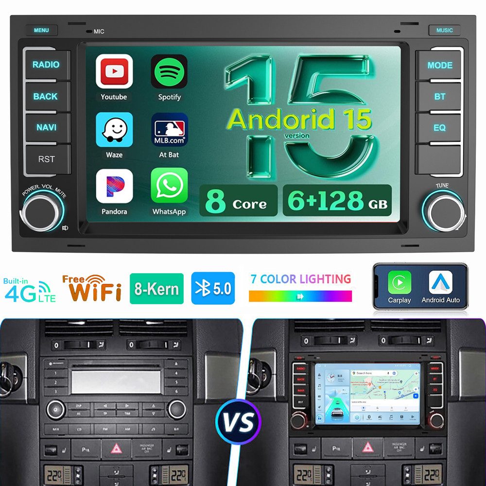 ESSGOO 8-Kern Für VW T5 Multivan Transporter 6GB+128GB Android14 Autoradio Autoradio (Digitalradio (DAB), RDS, FM, AM, DSP 4G LTE GPS Navi WIFI BT SWC EQ)