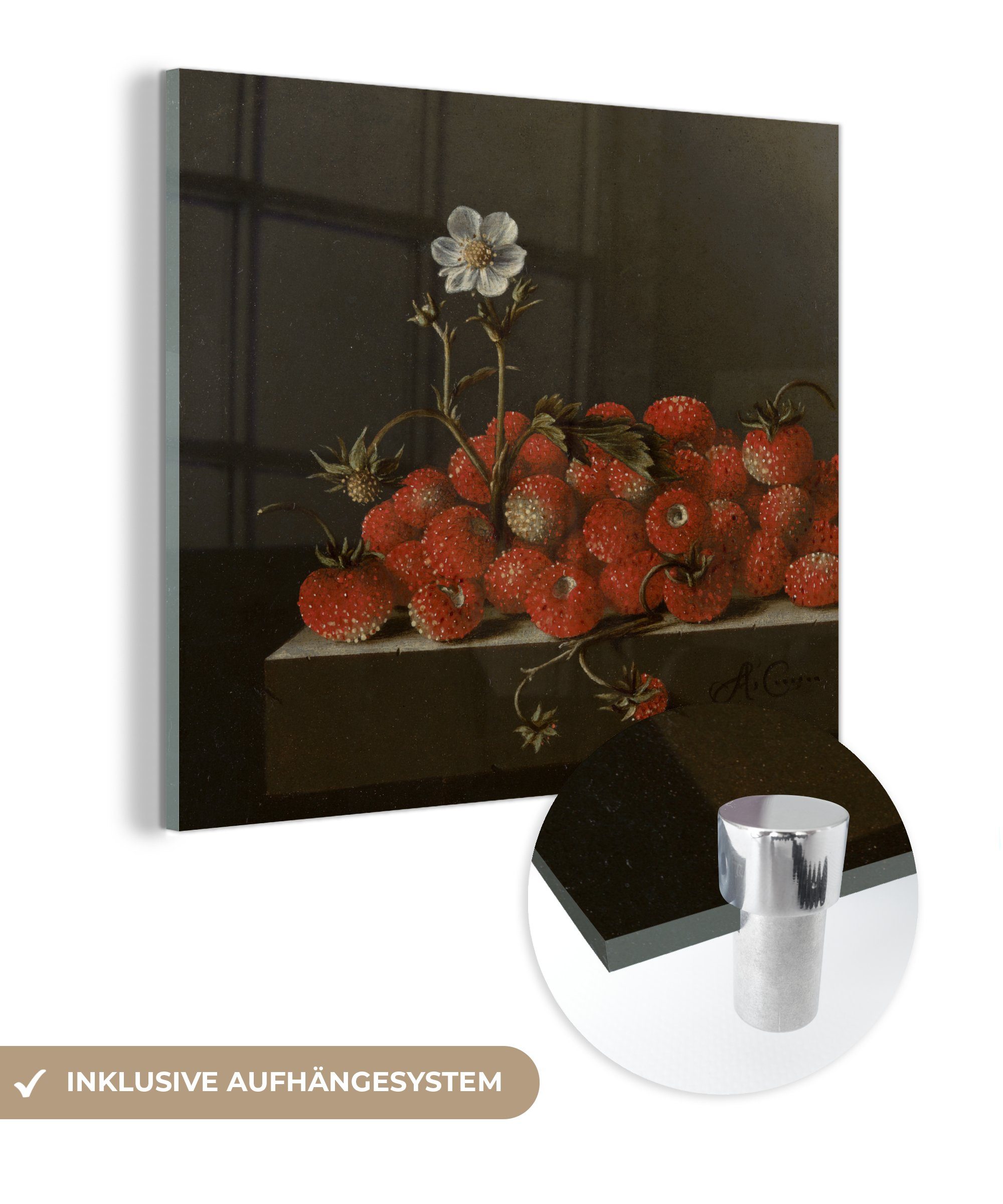 MuchoWow Acrylglasbild Stilleben mit Walderdbeeren - Gemälde von Adriaen Coorte, (1 St), Glasbilder - Bilder auf Glas Wandbild - Foto auf Glas - Wanddekoration