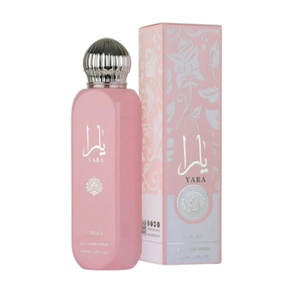 Lattafa Duft-Set Yara All Over Spray Süßer Body Spray + Parfümzerstäuber (leer) Set