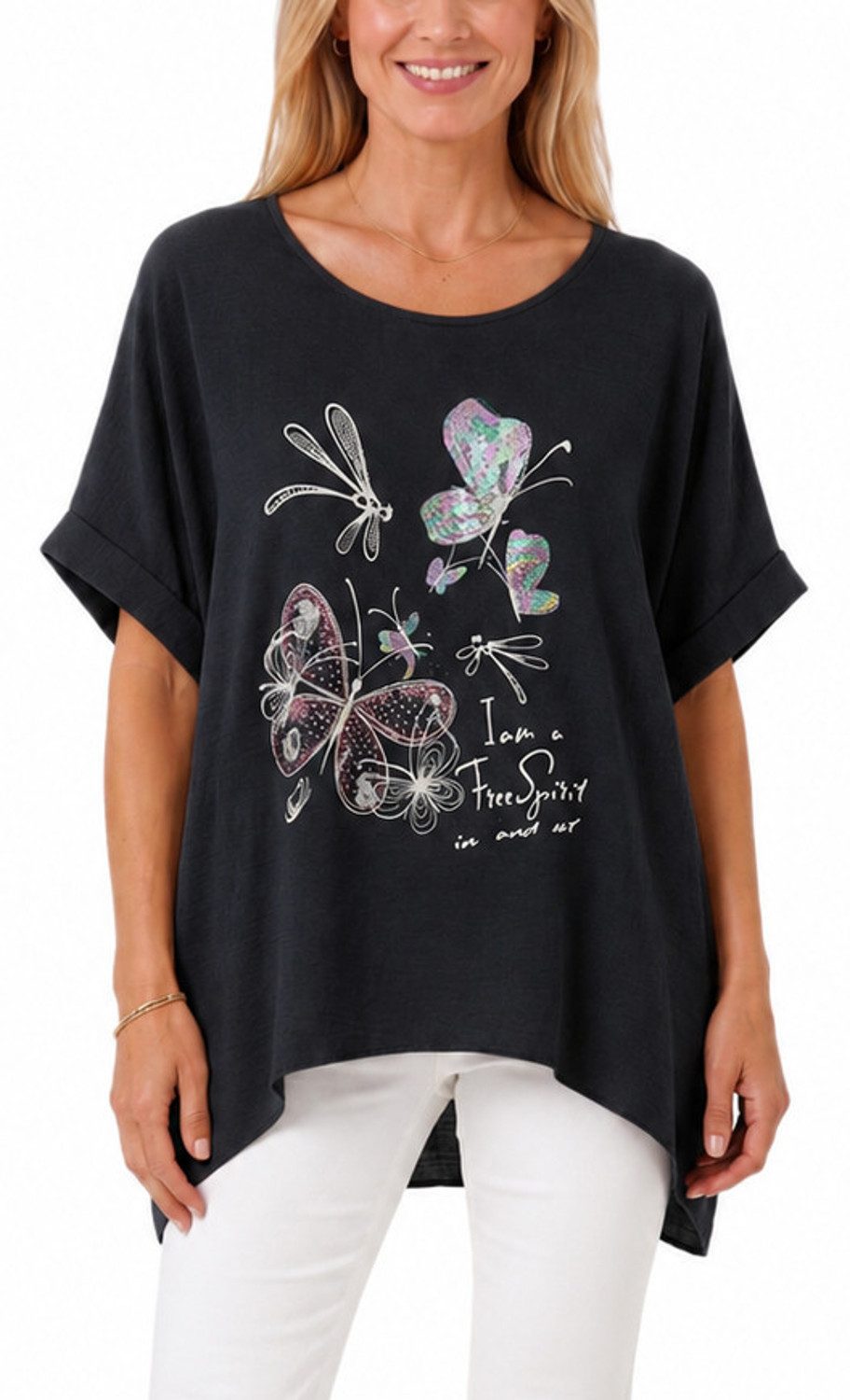 dy_mode Kurzarmshirt Damen Oversize Tunika Sommer Bluse mit Glitzer Shirtbluse Fledermausärmeln, Oversize, mit Glitzer-Steinchen