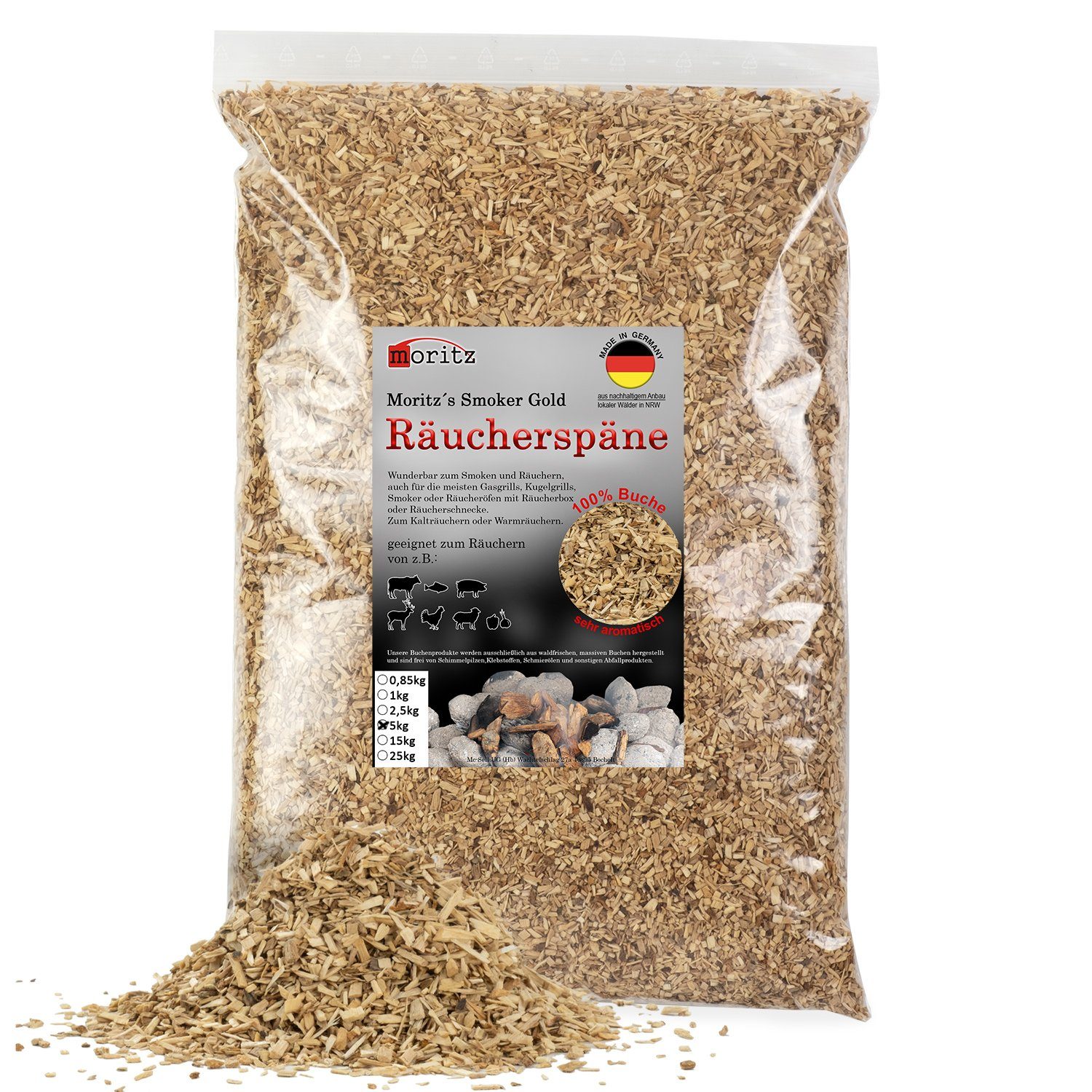 Moritz Räucherbox 5kg Räucherspäne Buche fein 0,75 -2 mm Räucher Mehl Späne für Schnecke Sparbrand Spirale Fisch Fleisch