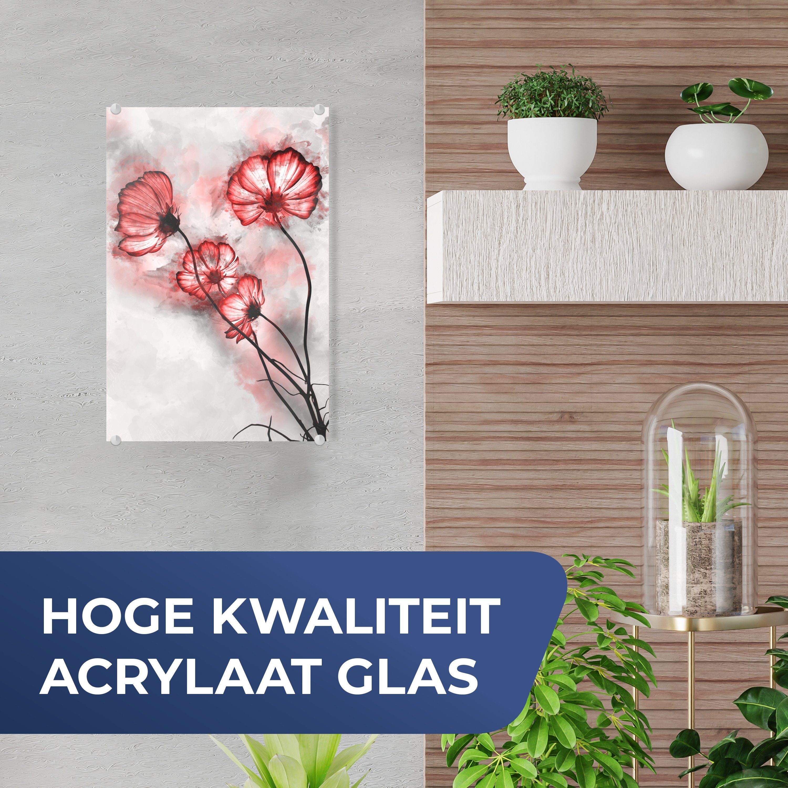 MuchoWow Acrylglasbild Blumen - Bilder - (1 - Glas Rot, - Wandbild Wanddekoration Foto - Glasbilder St), auf Aquarell Glas auf