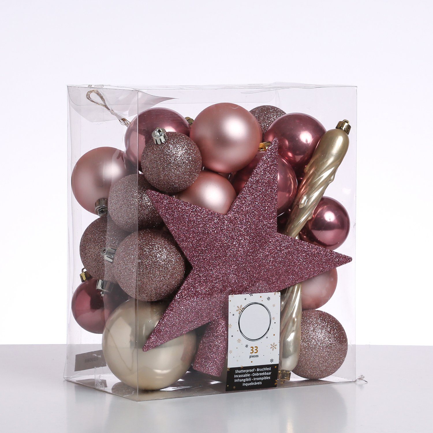 Weihnachtsbaumkugel Christbaumkugeln Weihnachtskugeln mit Stern Baumspitze creme rosa 33St
