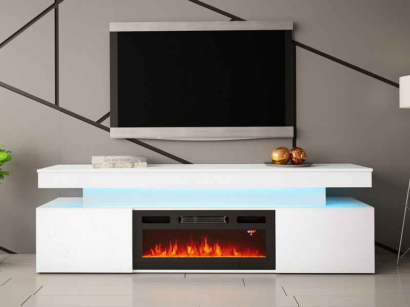MIRJAN24 TV-Schrank EF 2D Glossa mit Kamin (mit zwei Drehtüren) mit blauer LED-Beleuchtung, Realistische LED-Flamme
