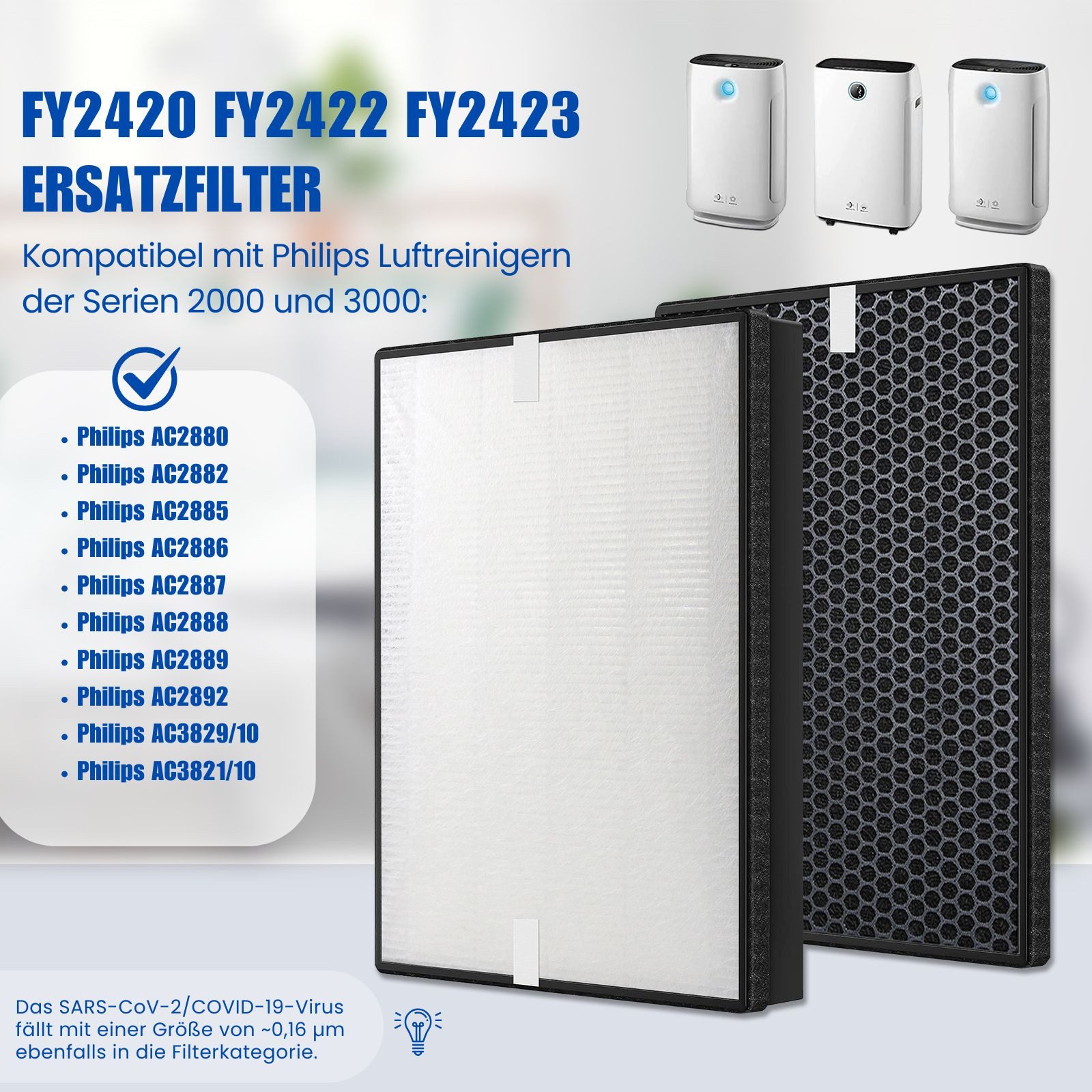Allyson Aktivkohlefilter Alternative zu Philips Filter FY2422/30 und Aktivkohle FY2420/30, Zubehör für Philips 2000 & 3000 Serie, AC2880, AC2882, AC2885, AC2886, AC2887, AC2888, AC2889, AC2892, AC3810, AC3821, AC3829, HEPA-Element und Aktivkohlefilter im Sparset