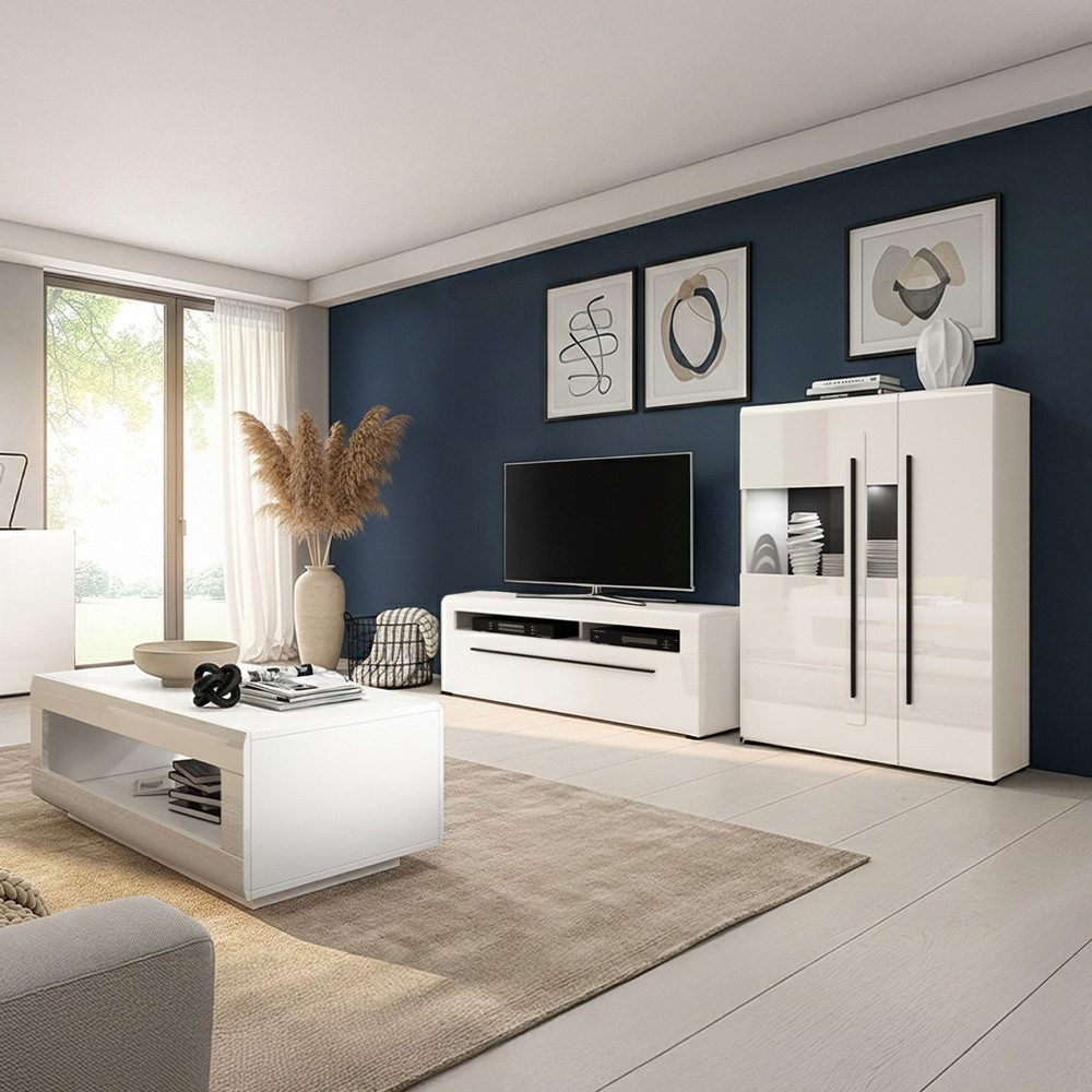 Lomadox Wohnzimmer-Set TURDA-83, (Mega-Spar-Set, 3-St., Couchtisch Highboard Lowboard Sideboard Vitrine Wandregal), weiß Hochglanz Metallgriffe schwarz modern LED Beleuchtung