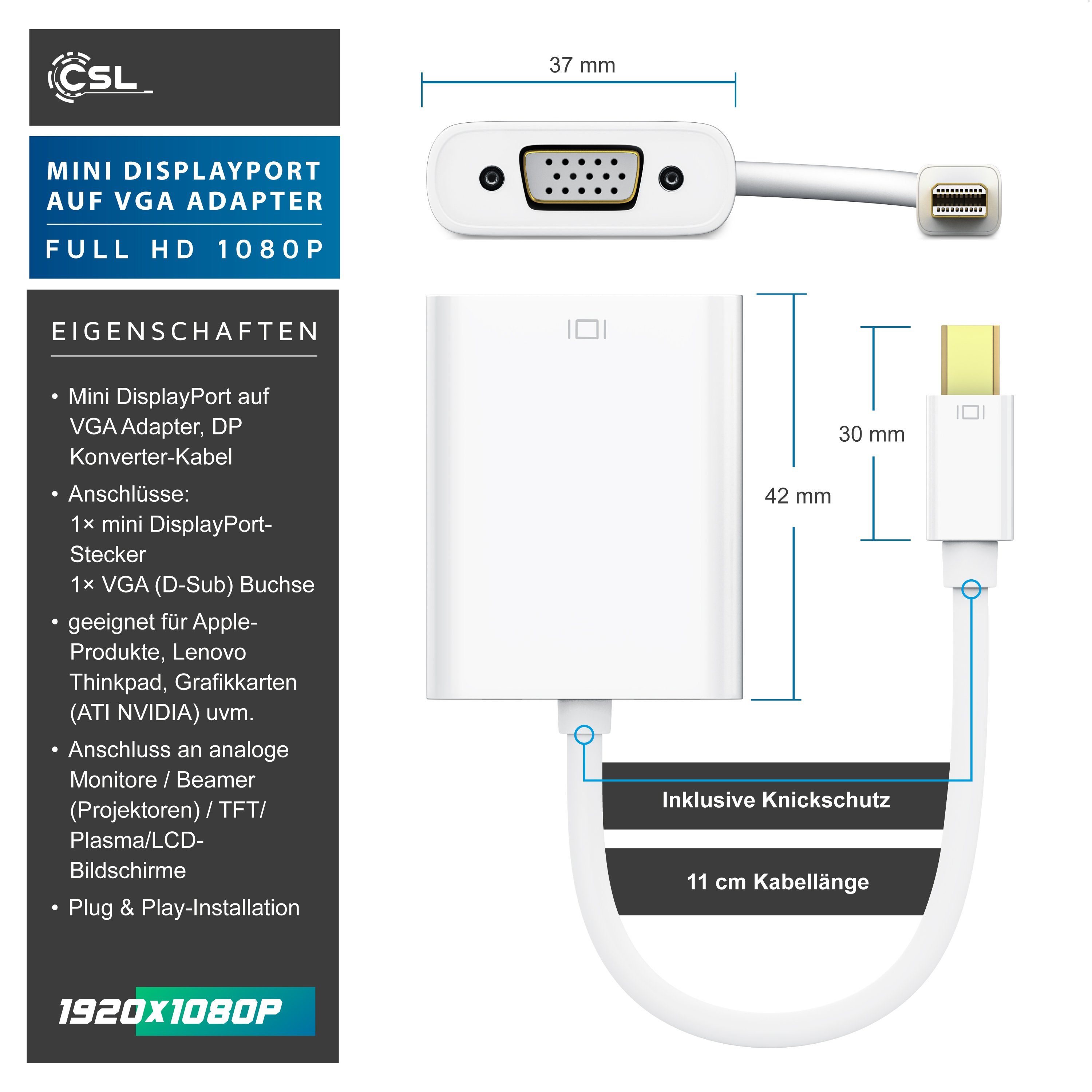 CSL Video-Adapter Mini DisplayPort zu VGA, Full HD MiniDP Stecker zu VGA Buchse Adapter Kabel