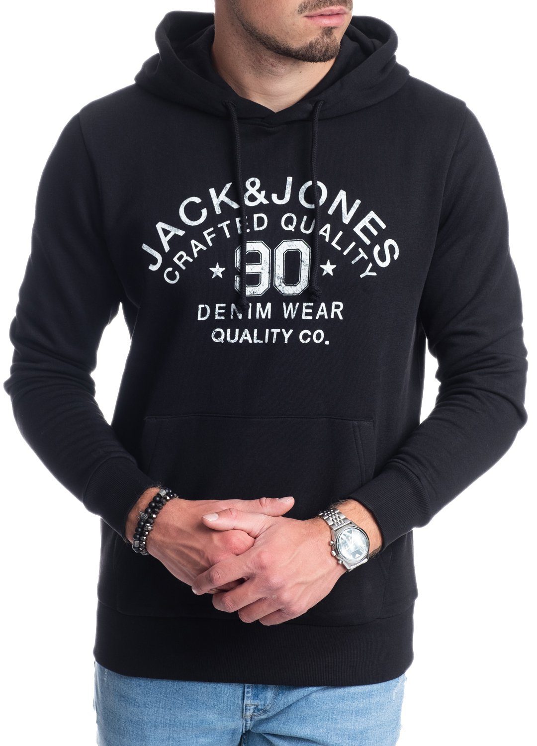 Jack & Jones T-Shirt mit Kängurutasche, Kapuze, mit Logodruck, in Unifarbe Black06-White