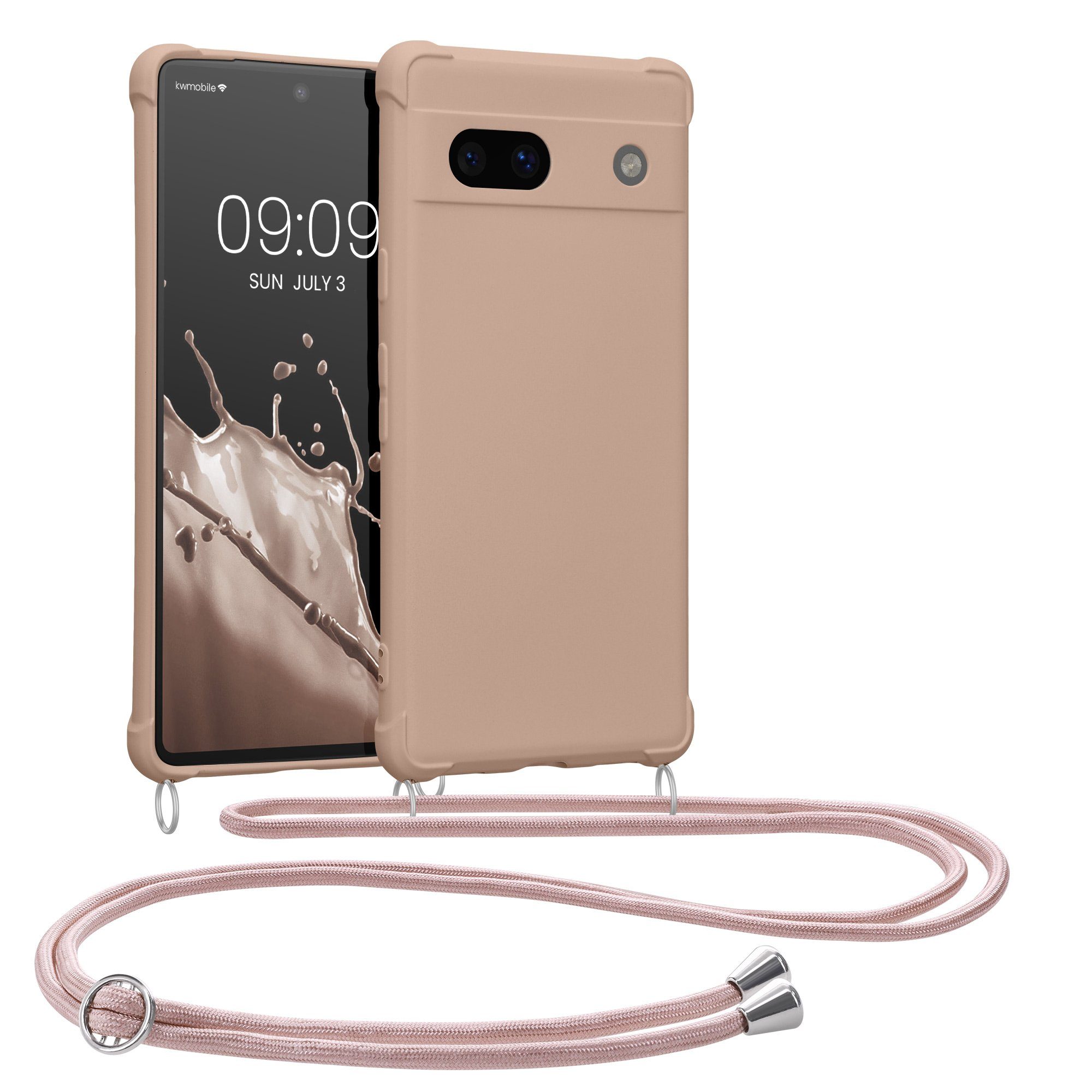 kwmobile Etui Hülle für Google Pixel 7a, mit Metall Kette zum Umhängen - Silikon Handy Cover Case Schutzhülle