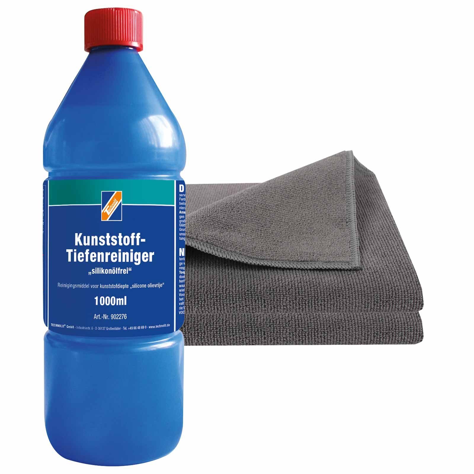 TECHNOLIT® Kunststoff-Tiefenreiniger silikonölfrei 1L + 2x Microfasertuch, Pflege Kunststoffreiniger