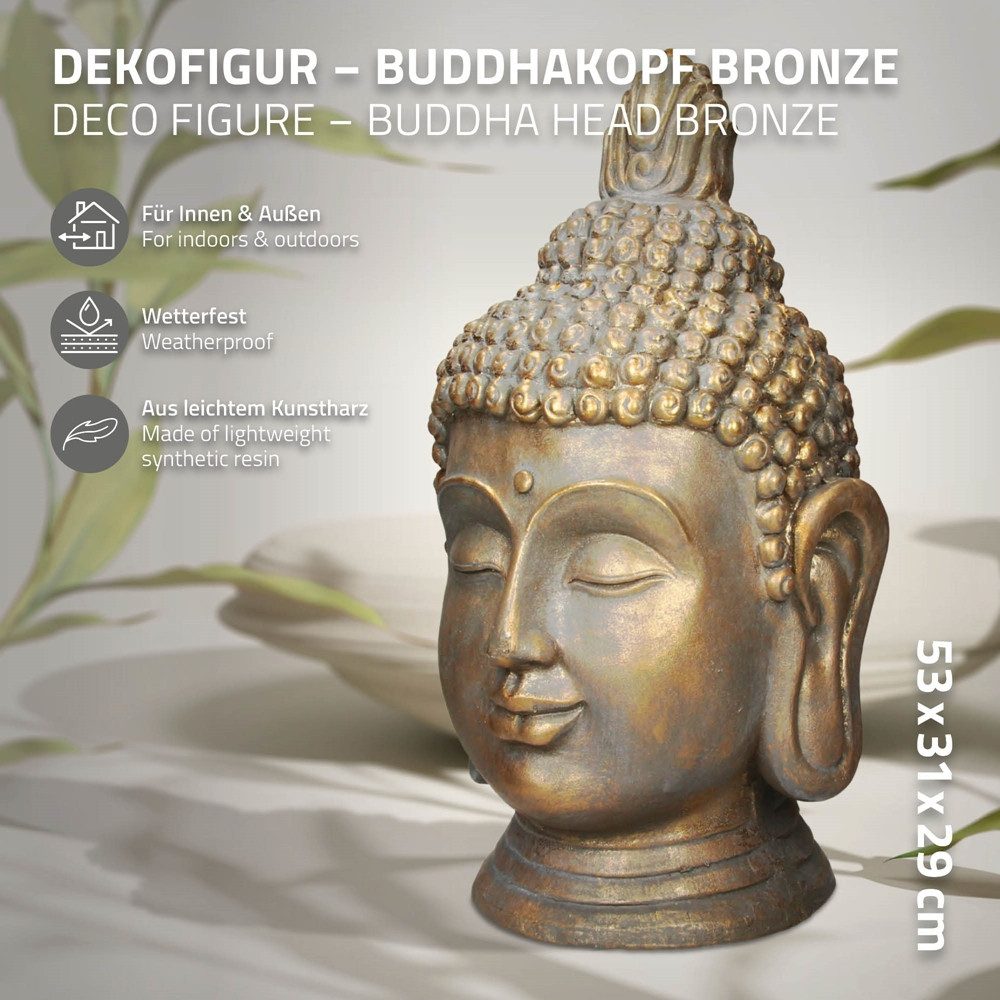 ECD Germany Dekofigur Deko Buddha Kopf Statue für Yoga, Feng-Shui, Haus, Wohnung & Garten, Bronzeoptik aus Polyresin, Gartenfigur Skulptur Dekoration Innen/Außen
