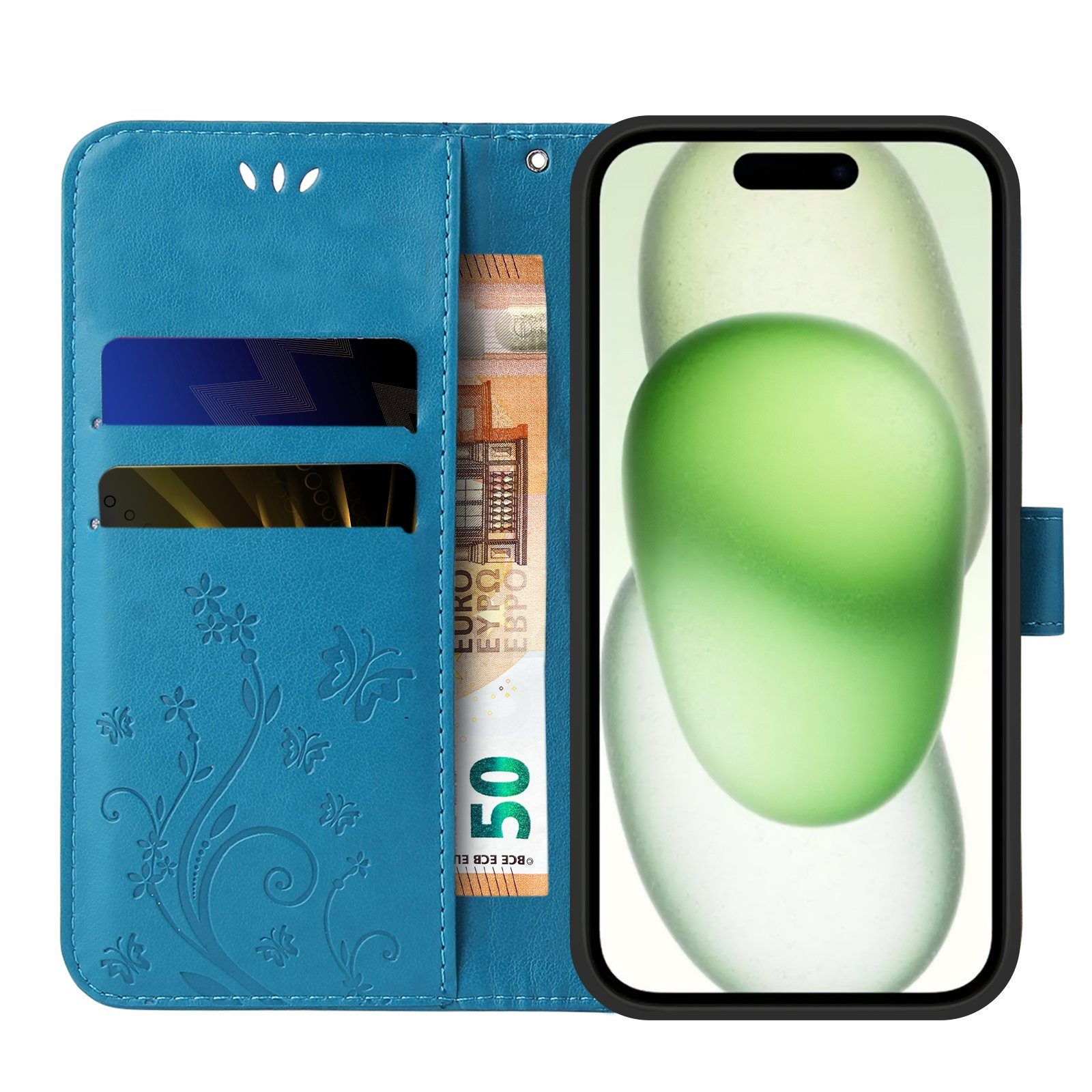 Tec-Expert Handyhülle Cover Tasche Hülle für Apple iPhone 15 6,1 Zoll, Klapphülle Case mit Kartenfach Fliphülle aufstellbar, Motiv Blumen