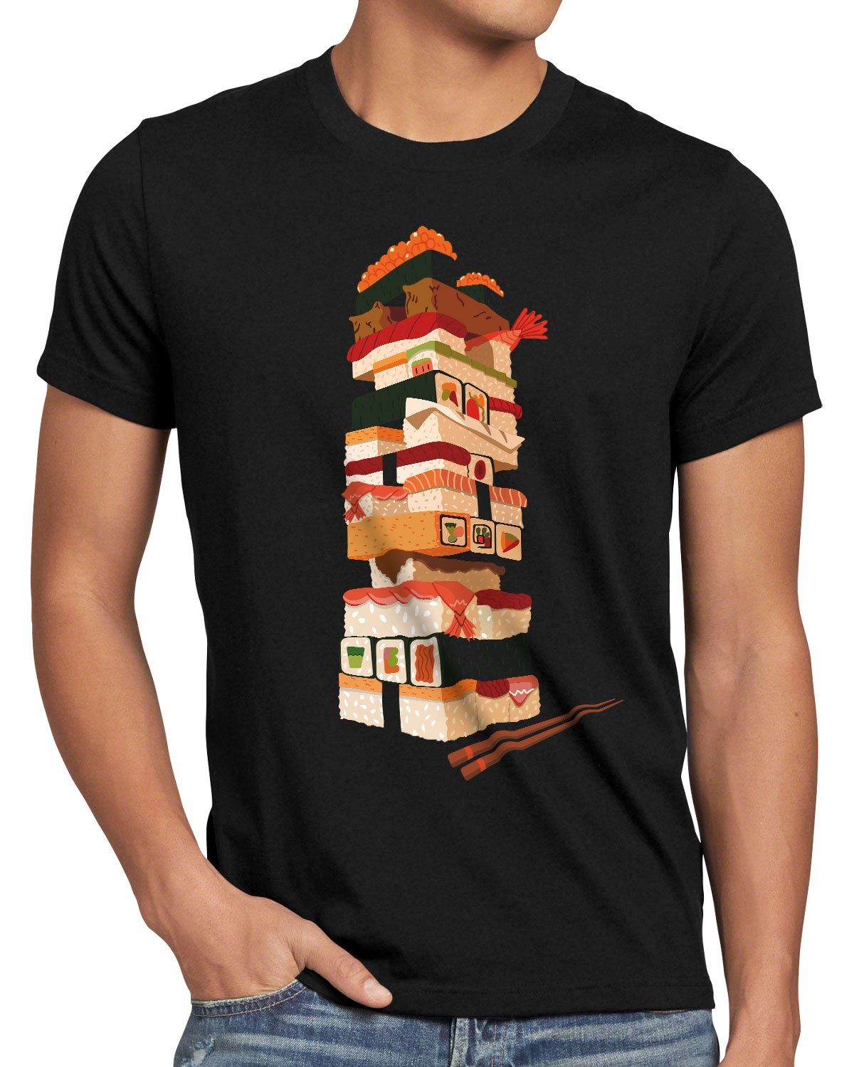 style3 Print-Shirt Herren japanisch Sushi spiel japan schwarz Tower T-Shirt
