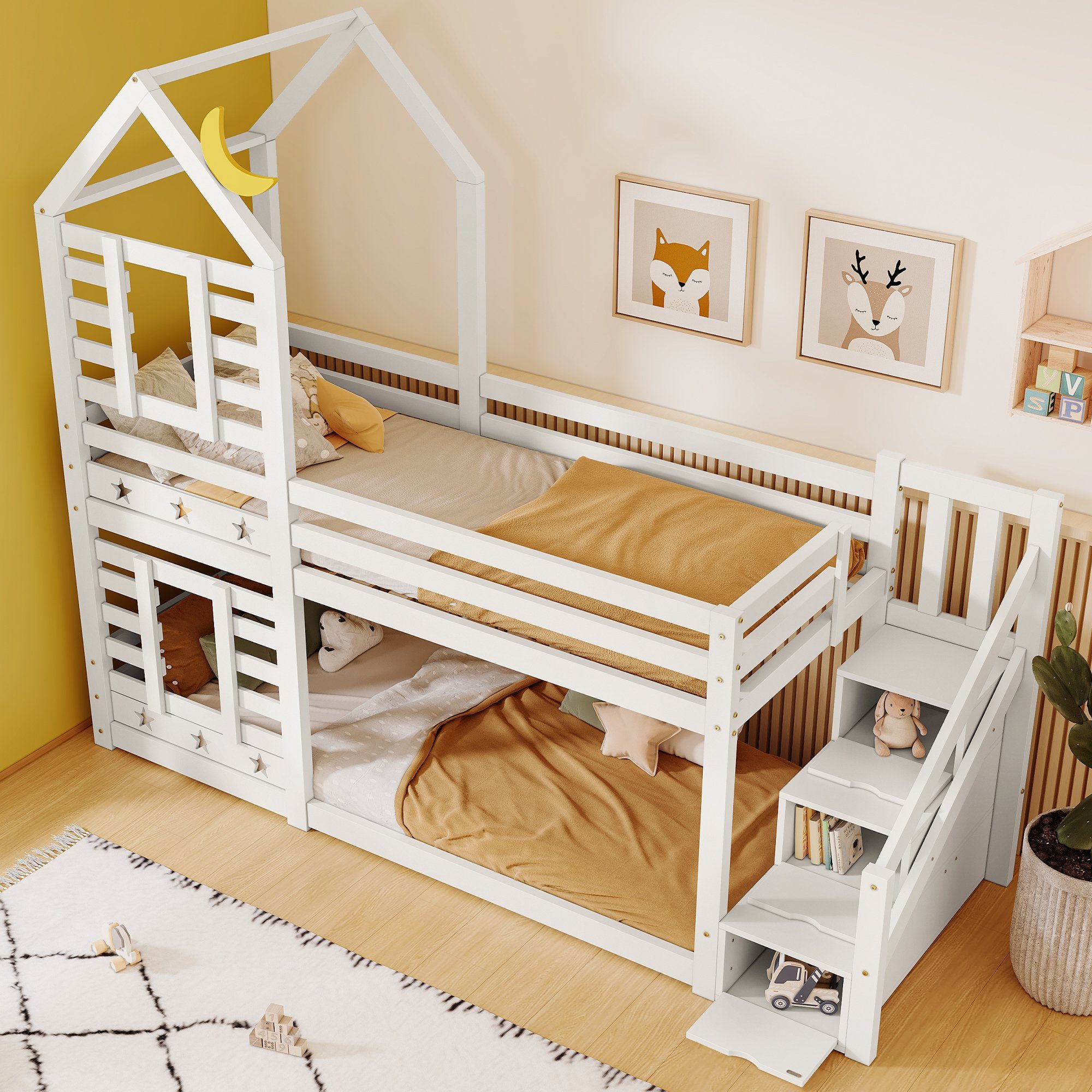 Etagenbett (Hausbett mit Lattenrost), Kinderbett mit Treppe Schubladen und Rausfallschutz 90x200cm