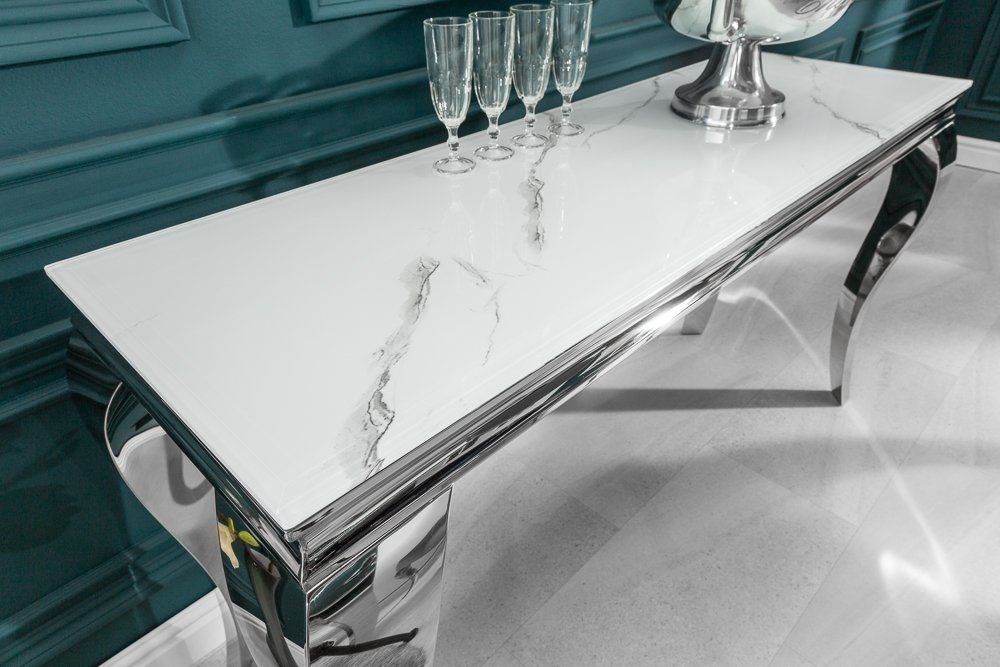 riess-ambiente Konsolentisch MODERN BAROCK 145cm grau / weiß, Glastisch · Marmor-Optik · Edelstahl-Beine – Bild 2 von 5