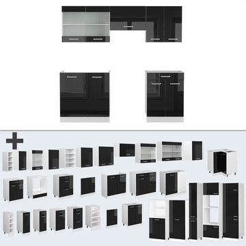 Livinity® Küchenzeile R-Line, Schwarz Hochglanz/Weiß, 200 cm, AP Eiche