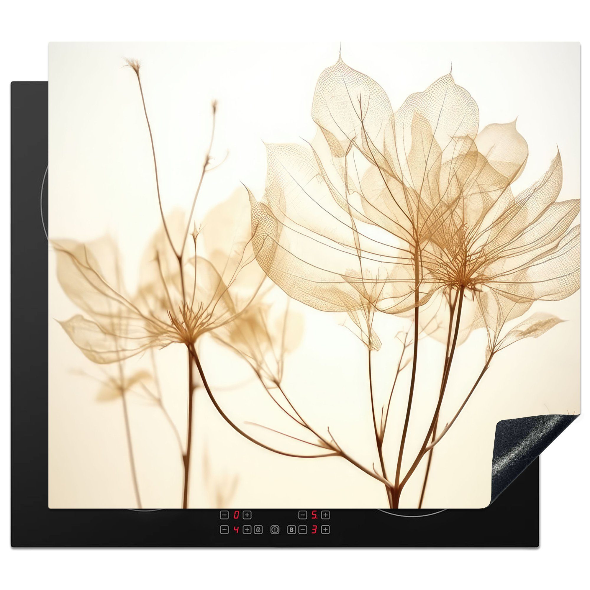 MuchoWow Herdblende-/Abdeckplatte Getrocknete Blumen - Beige - Pflanzen - Weiß, Vinyl, (1 tlg), 60x52 cm, Mobile Arbeitsfläche nutzbar, Ceranfeldabdeckung | Herdabdeckplatten