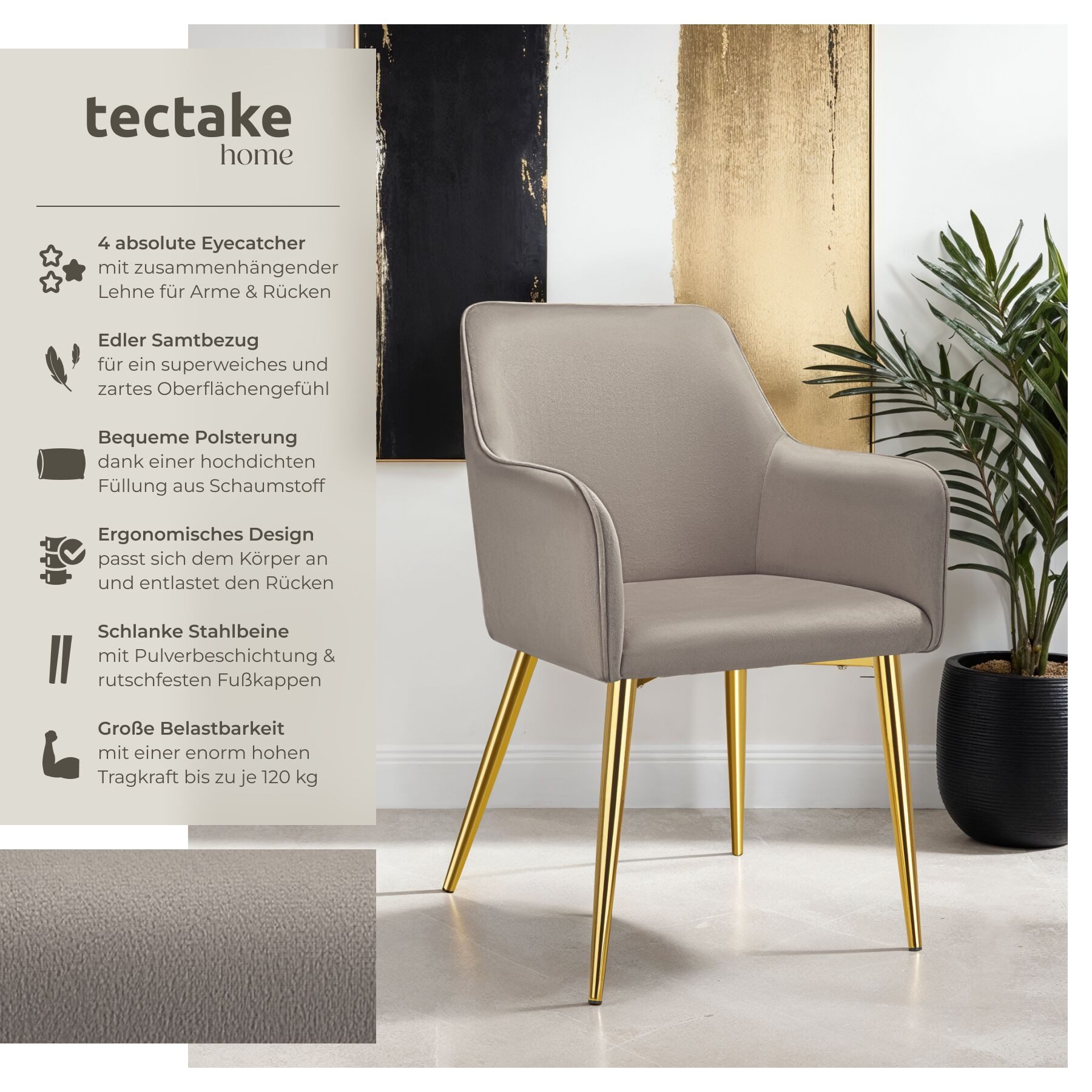 tectake Esszimmerstuhl Armlehnstuhl Avane, Samtoptik, gepolstert (Set, 4 St günstig online kaufen