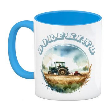 speecheese Tasse Traktor mit Pflug auf dem Feld Dorfkind Kaffeebecher in hellblau