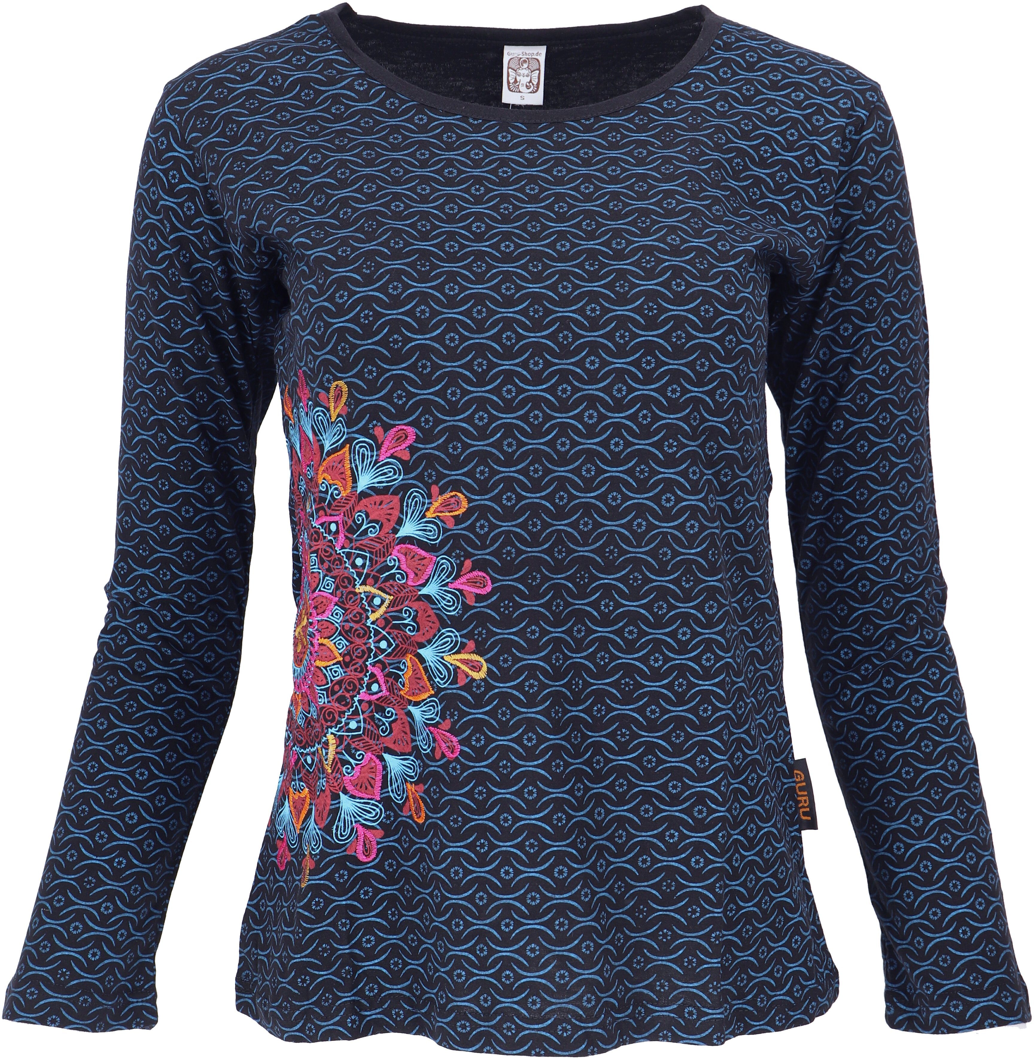 Guru-Shop Longsleeve Besticktes Langarmshirt Boho chic Retro -.. alternative Bekleidung schwarz/blau | Shirts