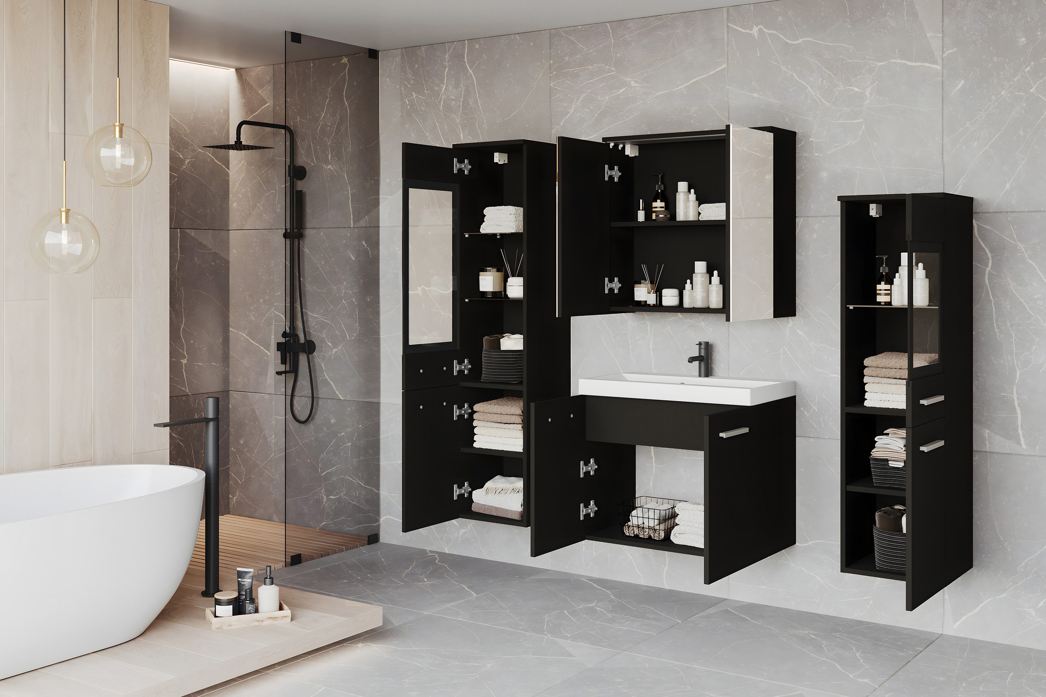 welltime Badmöbel-Set MADRIT II, Schrank mit Waschbecken, 2 Hänger, Spiegelschrank, (Komplett-Set, 5-St), Hängende Badmöbel mit Glaseinsätzen – in vielen Farben erhältlich