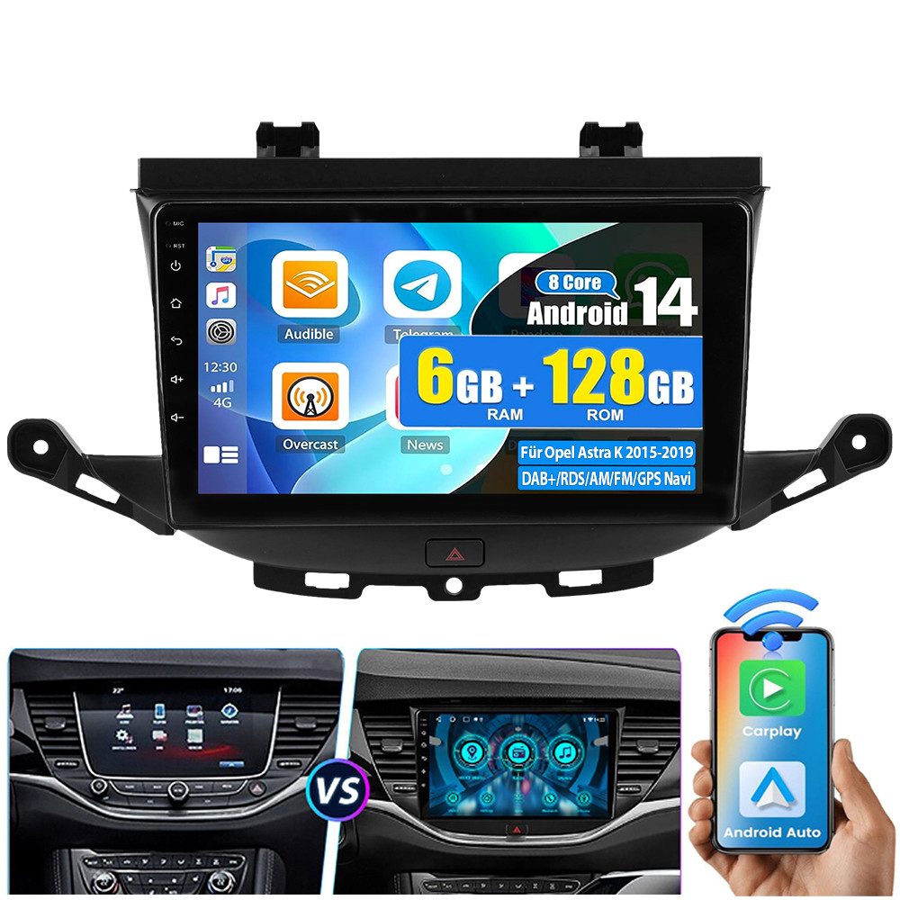 ESSGOO DAB+ Für Opel Astra K 2015-19 6+128GB Android 14 Carplay GPS Navi RDS Autoradio (DAB+ (optional), 6GB+128GB, RDS, AM, FM, 4G LTE, 4G LTE Drahtlos Carplay und Android Auto. 9Zoll Octa-Core)