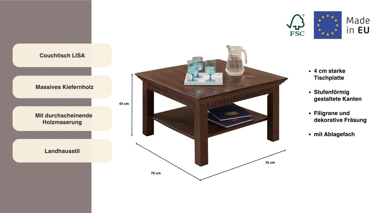 OTTO home Couchtisch Lisa, Tisch, Kaffeetisch, Beistelltisch, Kaffeetisch, massives Kiefernholz, FSC®, B/T/H: 76x76x45 cm