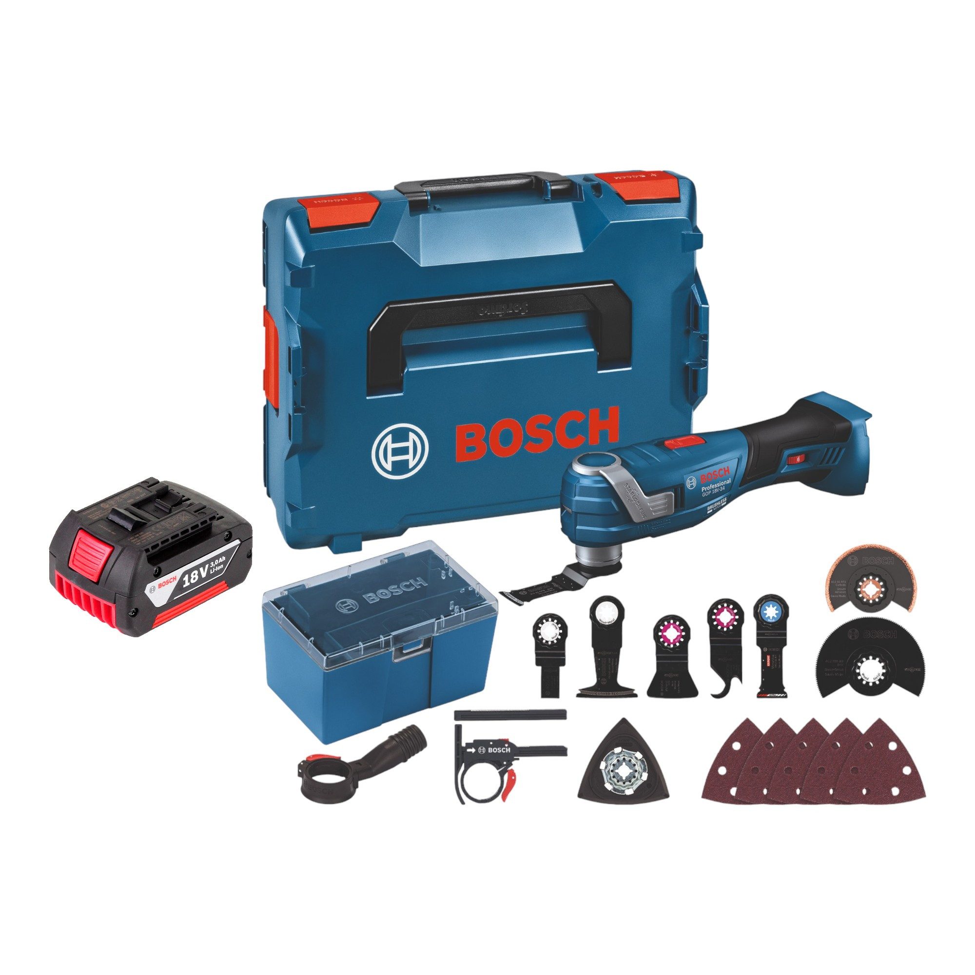 Bosch Professional Akku-Multifunktionswerkzeug GOP 18 V 34 Akku Multi Резаки + Zubehör + 1x Akku 3,0 Ah - ohne Lader