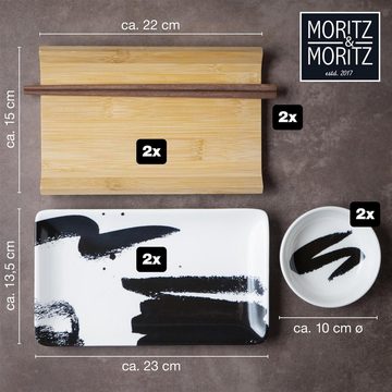 Moritz & Moritz Tafelservice Moritz & Moritz Gourmet - Sushi Set 10 teilig Pinselstriche schwarz (8-tlg), 2 Personen, Porzellan, Geschirrset für 2 Personen