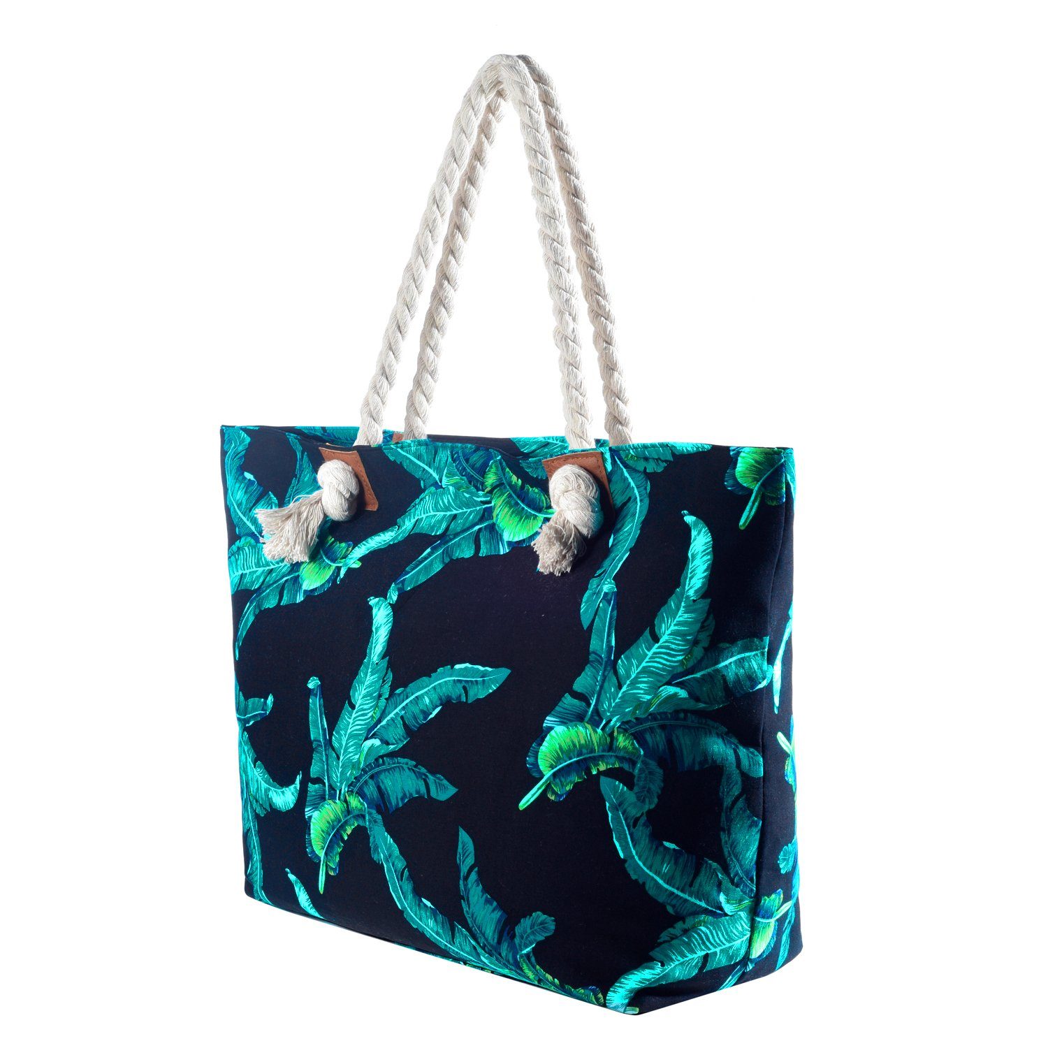 DonDon Schultertasche Strandtasche, Motive Beach Style Große Strandtasche (2-tlg), Blau Reißverschluss, Shopper mit tolle blätter