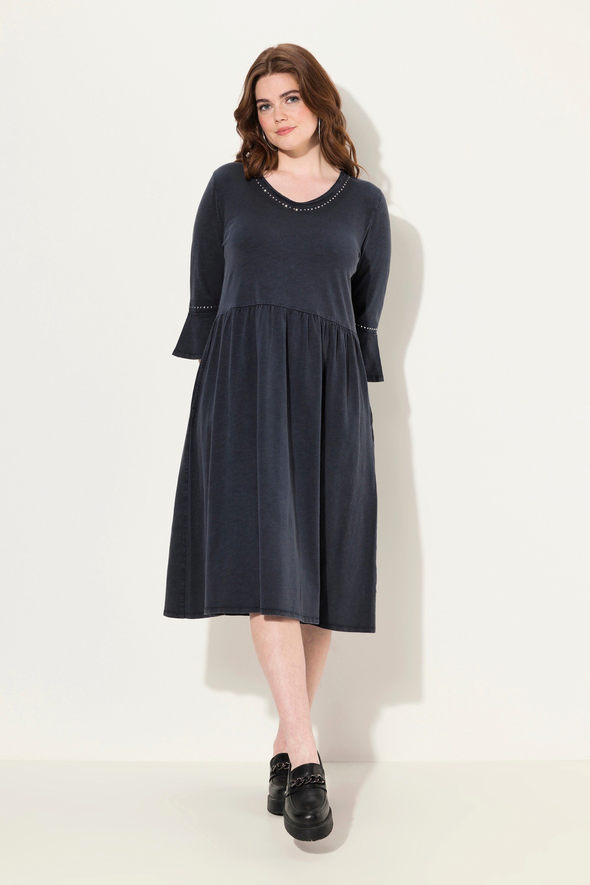 Midikleid Jerseykleid Rollkanten A-Linie V-Ausschnitt