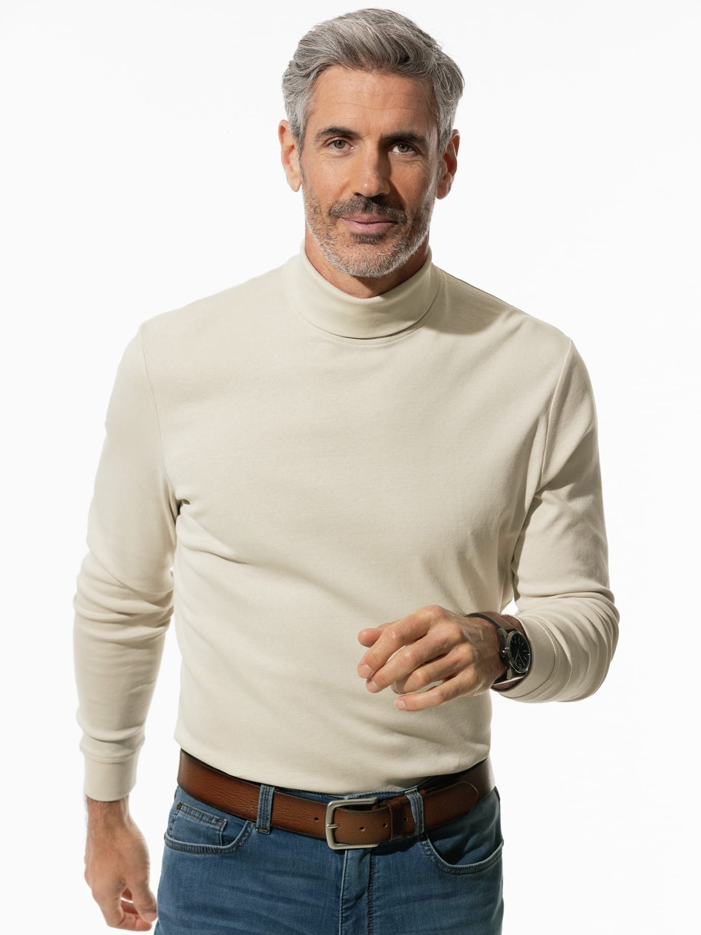 Walbusch Langarmshirt Herren Rollkragen-Shirt Langarmshirt supergekämmte Baumwolle Enzymgewaschen, feine Rippenstruktur, formstabil, pflegeleicht