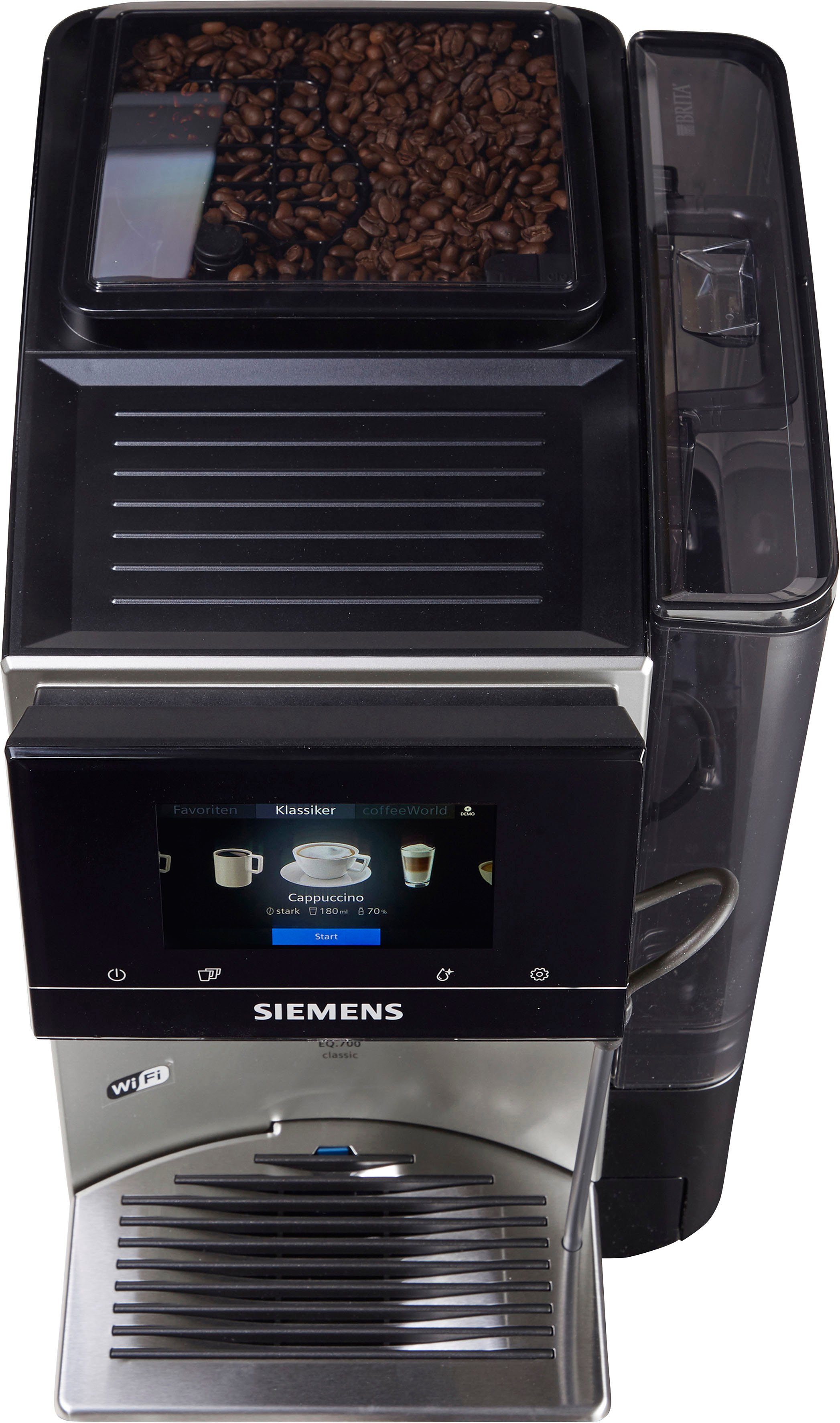SIEMENS bis Profile Inox TP705D47, Milchsystem-Reinigung EQ.700 Full-Touch-Display, Kaffeevollautomat 10 speicherbar, silber metallic