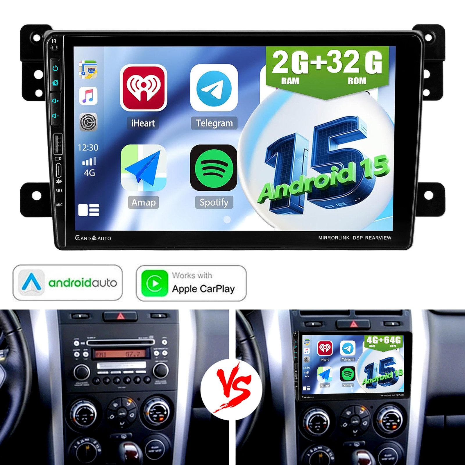 ESSGOO Android15 AutoRadio für Suzuki Grand Vitara 2005-15 mit USB und Type-C Autoradio (Digitalradio (DAB), 4+64GB(optional), RDS, AM, FM, Apple Carplay Android Auto GPS Navi WIFI BT EQ)