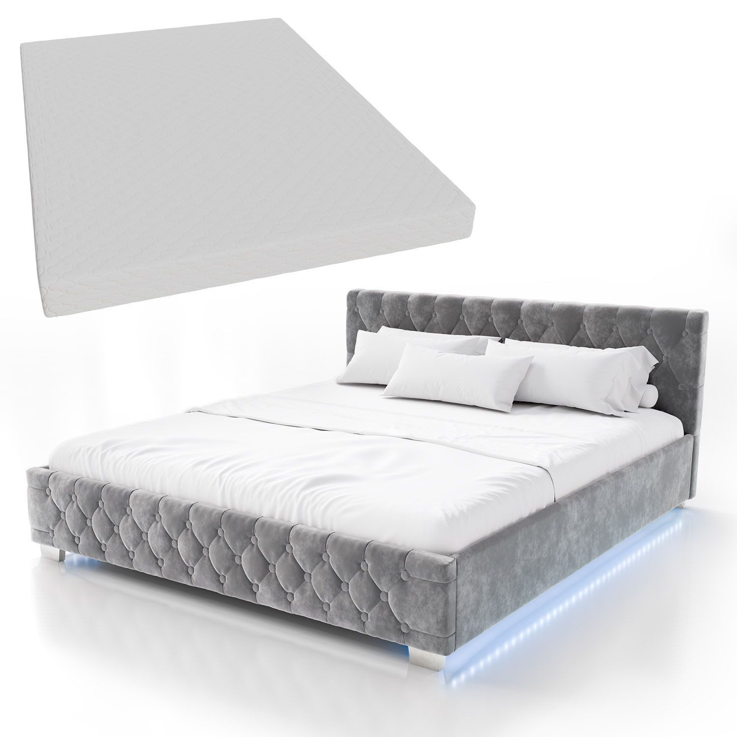 Juskys Polsterbett Nizza, 180x200 cm, LED Licht, Stauraum, Samtbezug, inkl. Matratze