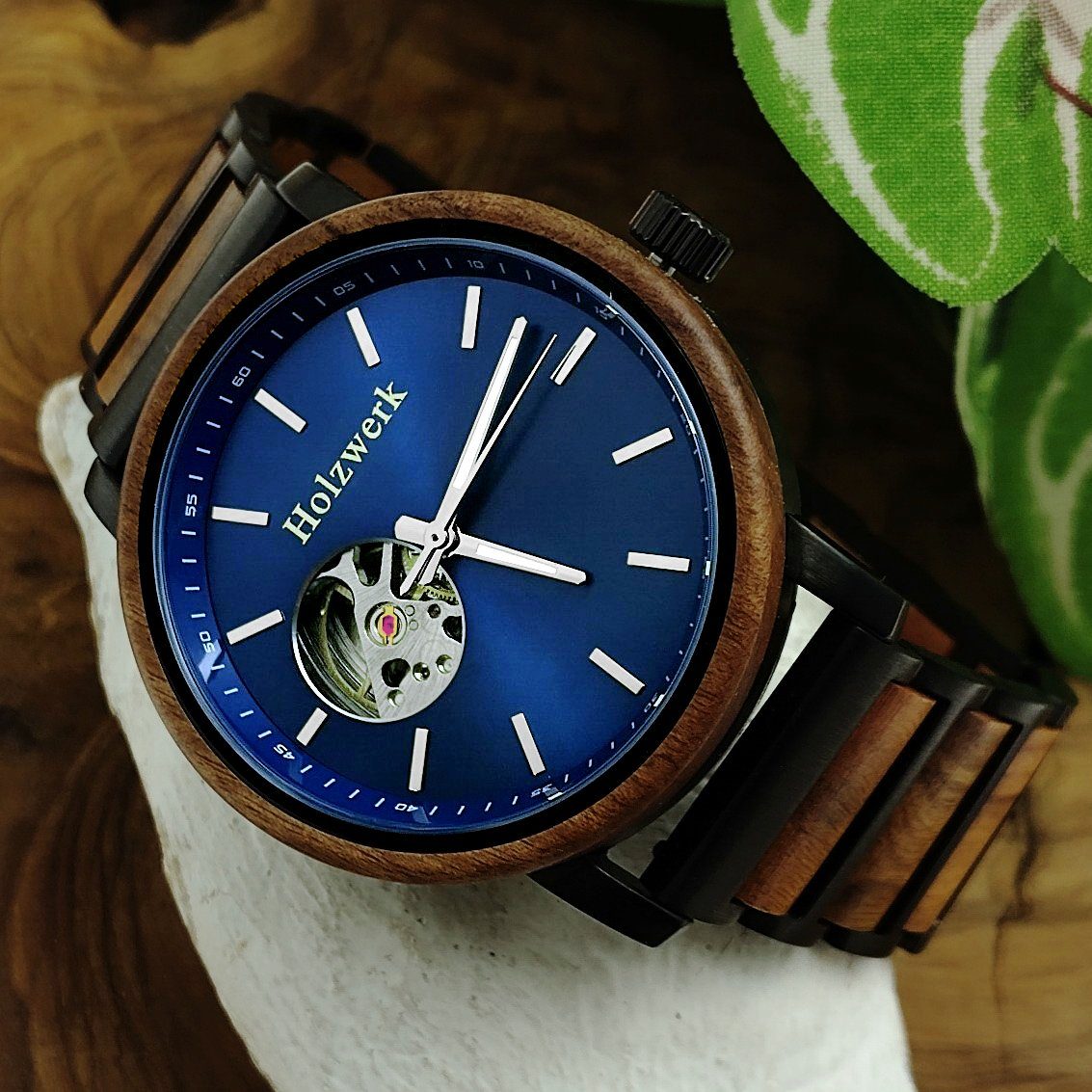 Holzwerk Automatikuhr CLAUSTHAL Herren Armband Edelstahl Holz blau & Uhr, schwarz, braun