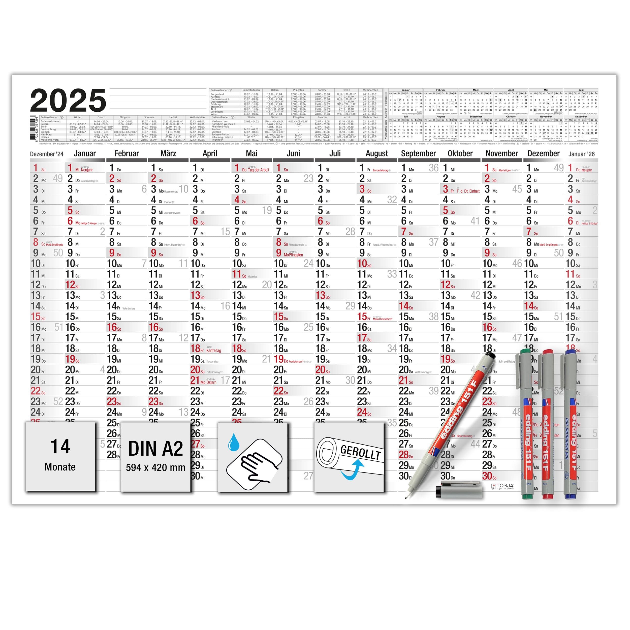TOBJA Wandkalender Abwischbarer A2 Wandkalender 2025 inkl. 4 Stifte, Kalender 2025 Jahresplaner 14 Monate