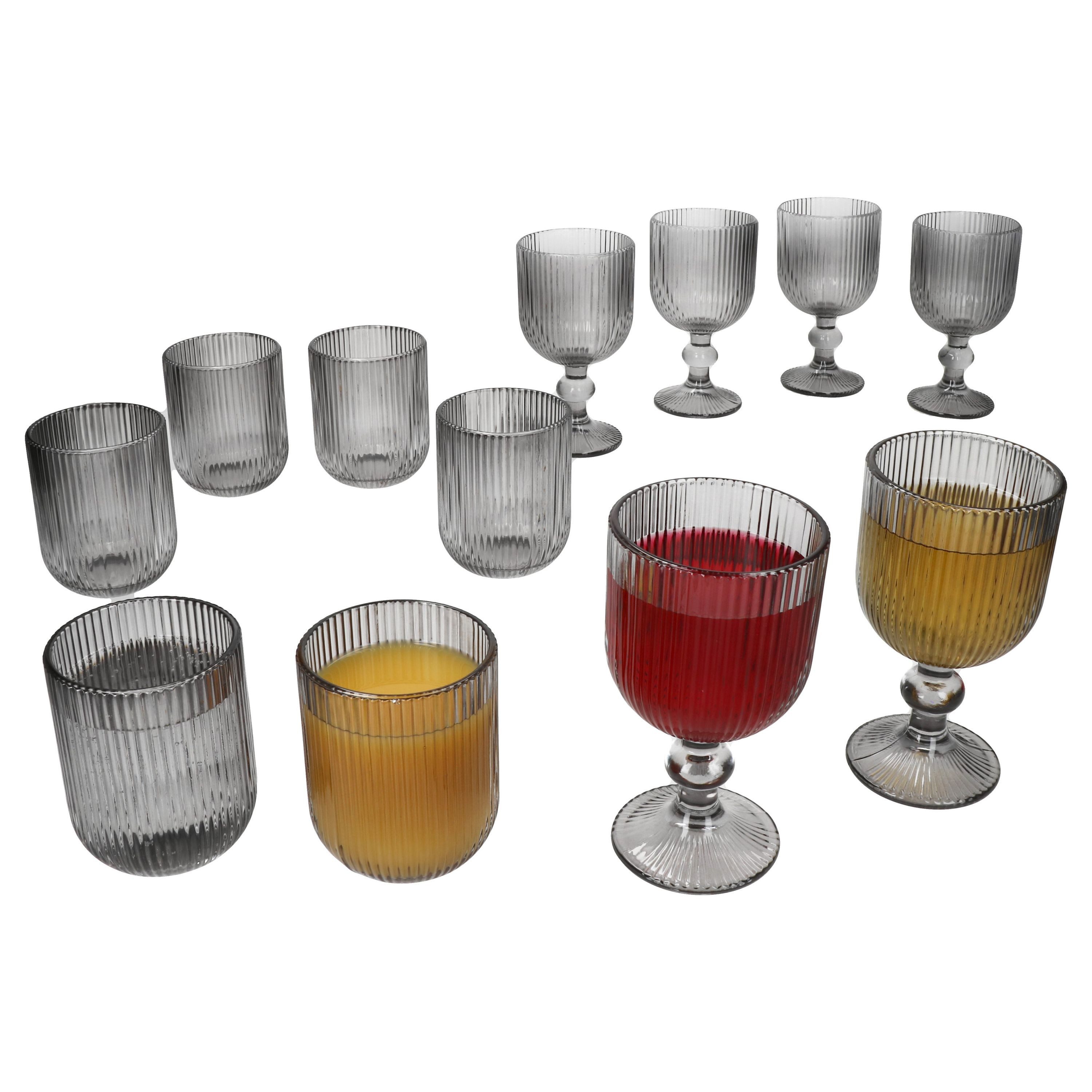 MamboCat Weinglas Agata 12tlg Gläser Set Wassergläser Weingläser grau Relief Dessert, Glas
