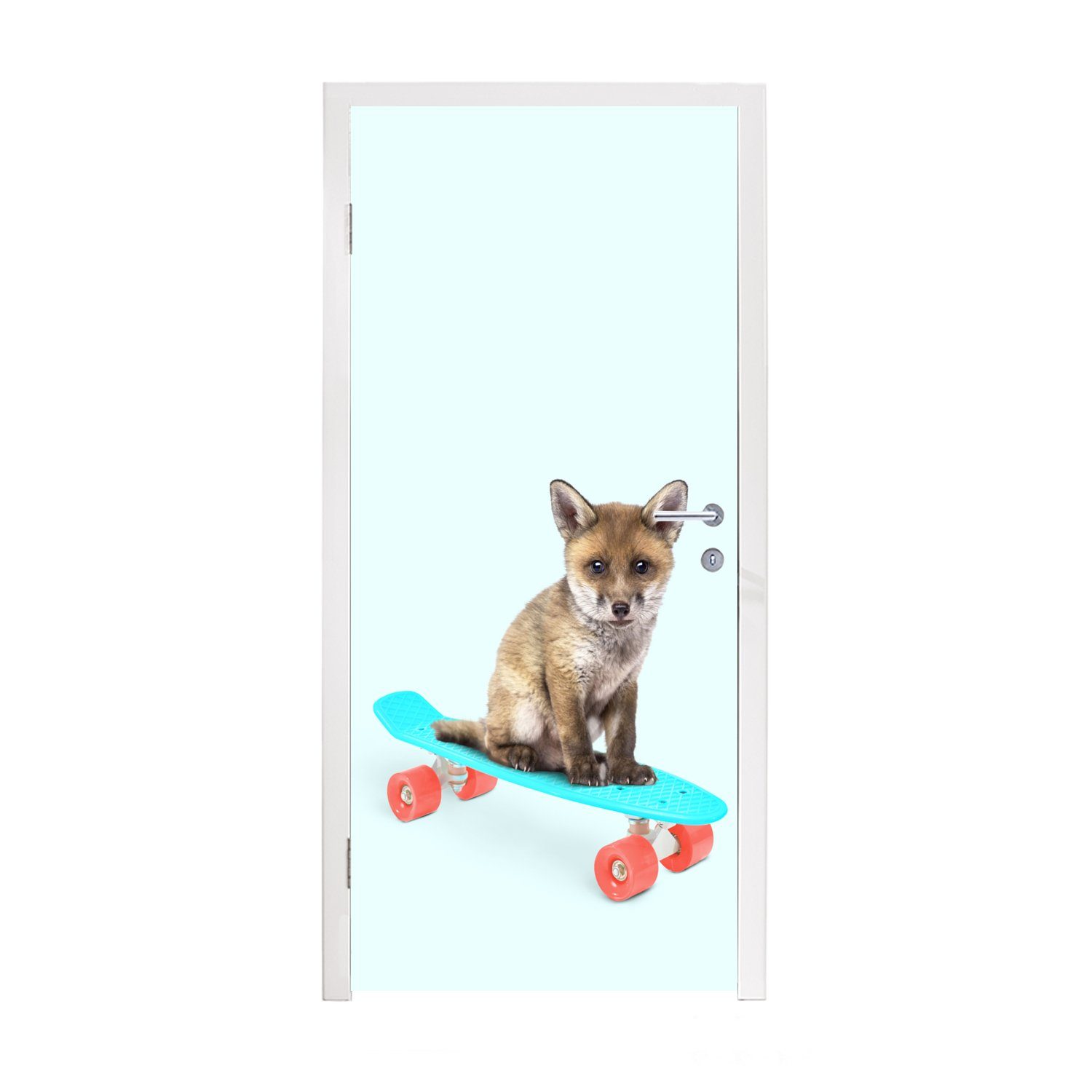 MuchoWow Türtapete Fuchs - Tiere - Skateboard - Blau, Matt, bedruckt, (1 St), Fototapete für Tür, Türaufkleber, 75x205 cm