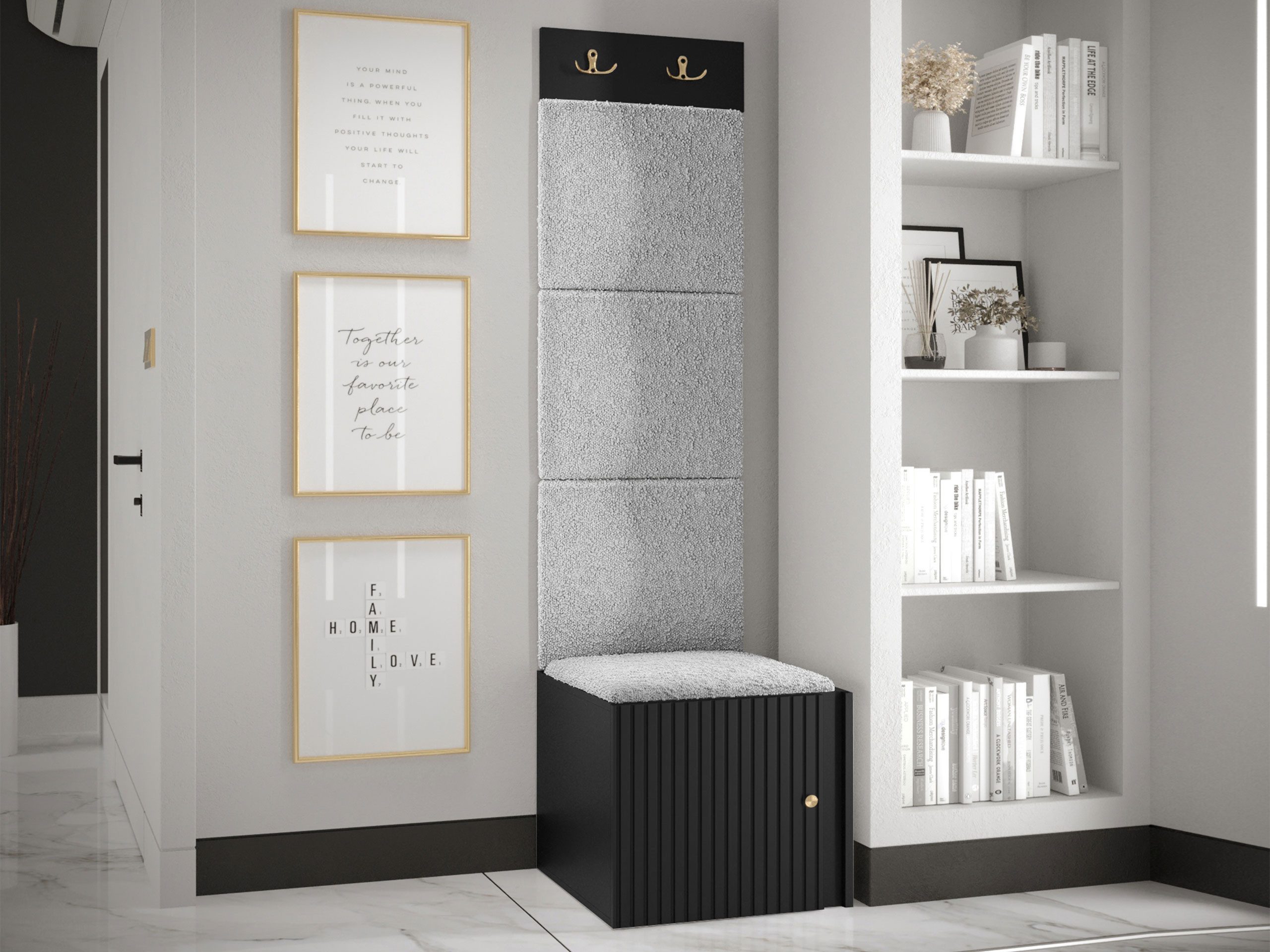 MIRJAN24 Garderoben-Set Orion Ryfel Slim XXII, (Schuhschrank 1D, Kleiderhakenbrett, 4x Paneel 42x42), 2 Kleiderhaken für Kleidung, Metallgriffe