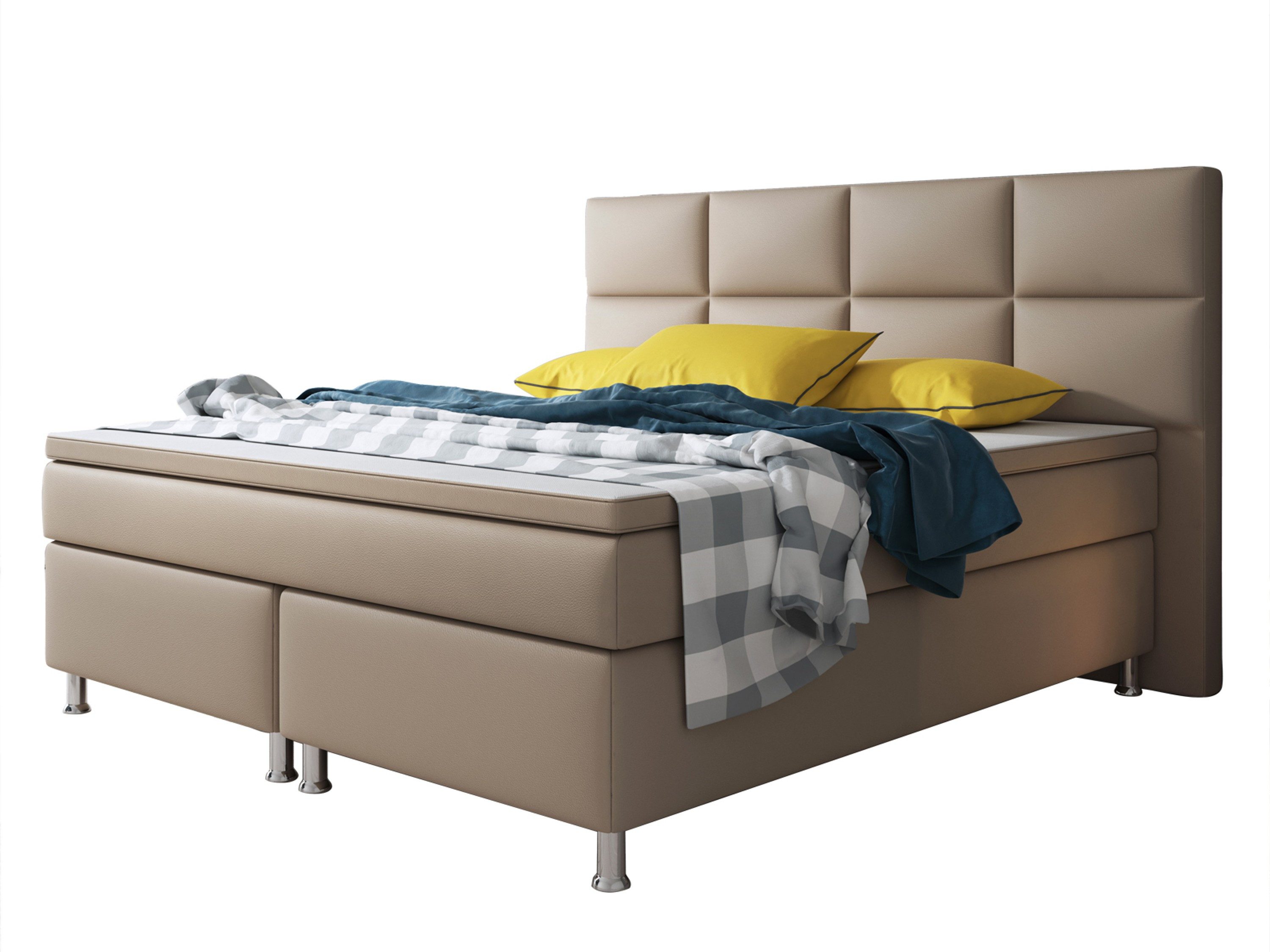 inter Boxspringbett Miami 180x200 cm Kunstleder mit 7-Zonen TFK und Topper (180x200 cm, Muddy mit 7 Zonen Taschenfederkernmatratzen und Topper), Boxspringbett, Hotelkomfort, Mit Topper, Tonnentaschenfederkern