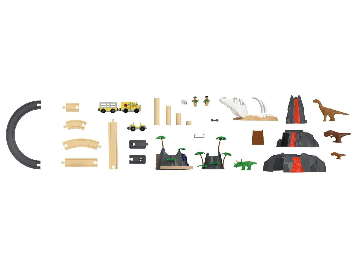 lupilu Spielzeug-Eisenbahn Eisenbahn Holz Spielzeug Licht- & Soundeffekt Dinoland, (Spielset, 49-tlg., 4 Dinosaurier, 2 Spielfiguren, Truck, Vulkan, Schienen), Licht Sound Dampf Glow Dino