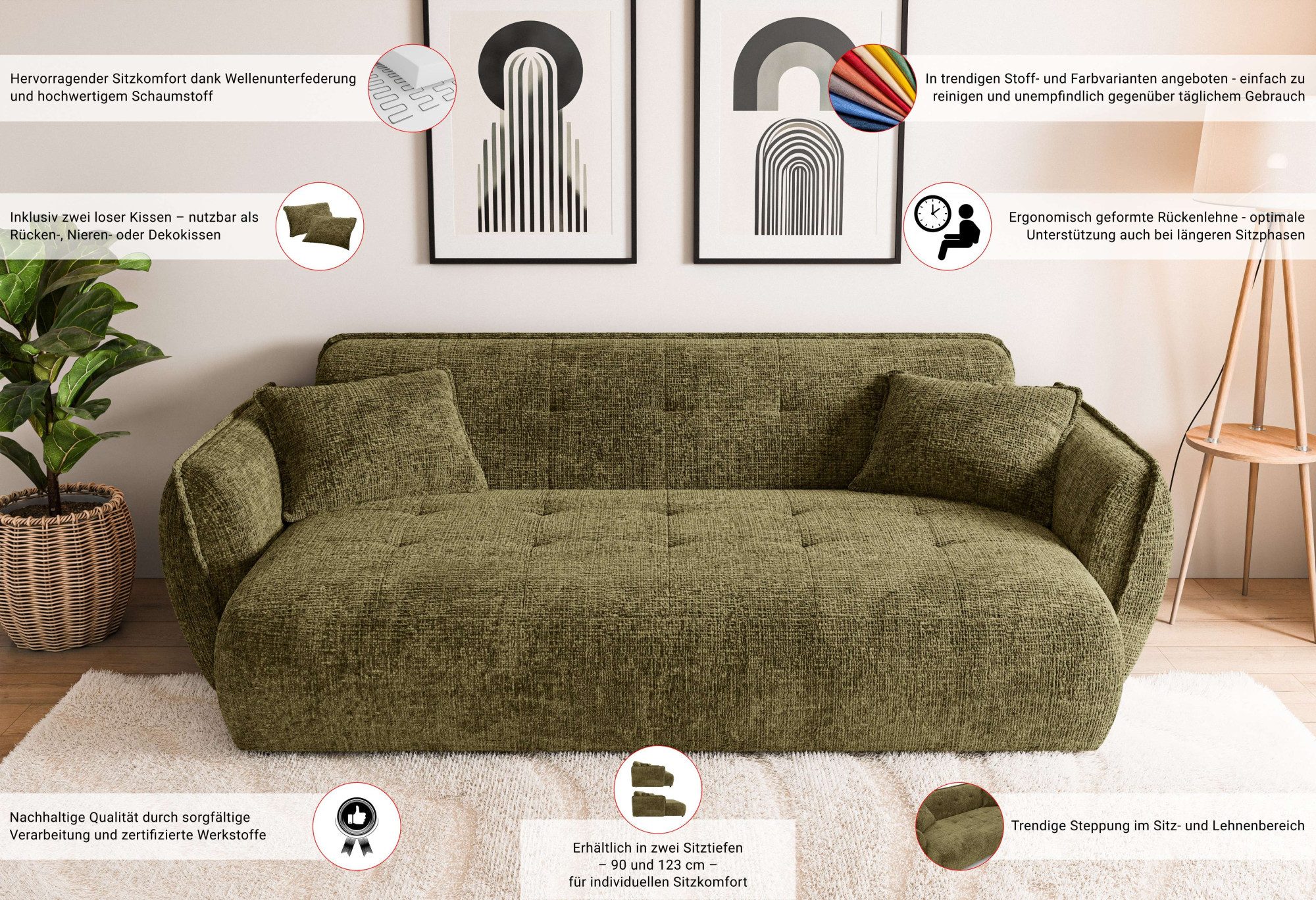 Home affaire Big-Sofa MIRELDA Design-Sofa mit Steppungen, hoher Sitzkomfort, Breite 251 cm, Sitztiefe 82,5 cm, elegant und bequem, Zierkissen, belastbar bis 480kg