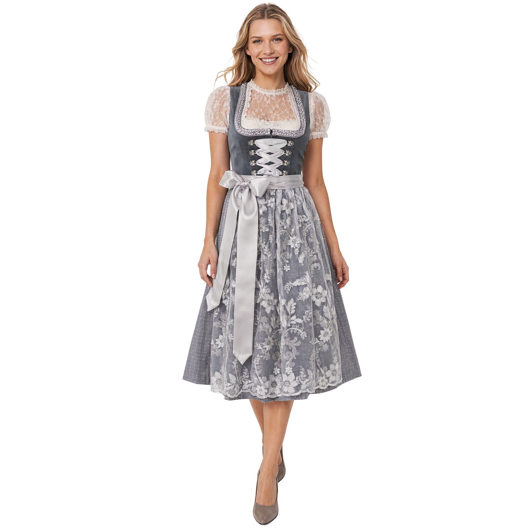 dressforfun Dirndl Elegantes Trachtenkleid mit Samt, Spitze und modernen Details (Trachtendirndl Milana, in Dunkelgrau) Teil der exklusiven Kollektion, Inkl. Schürze und Bluse