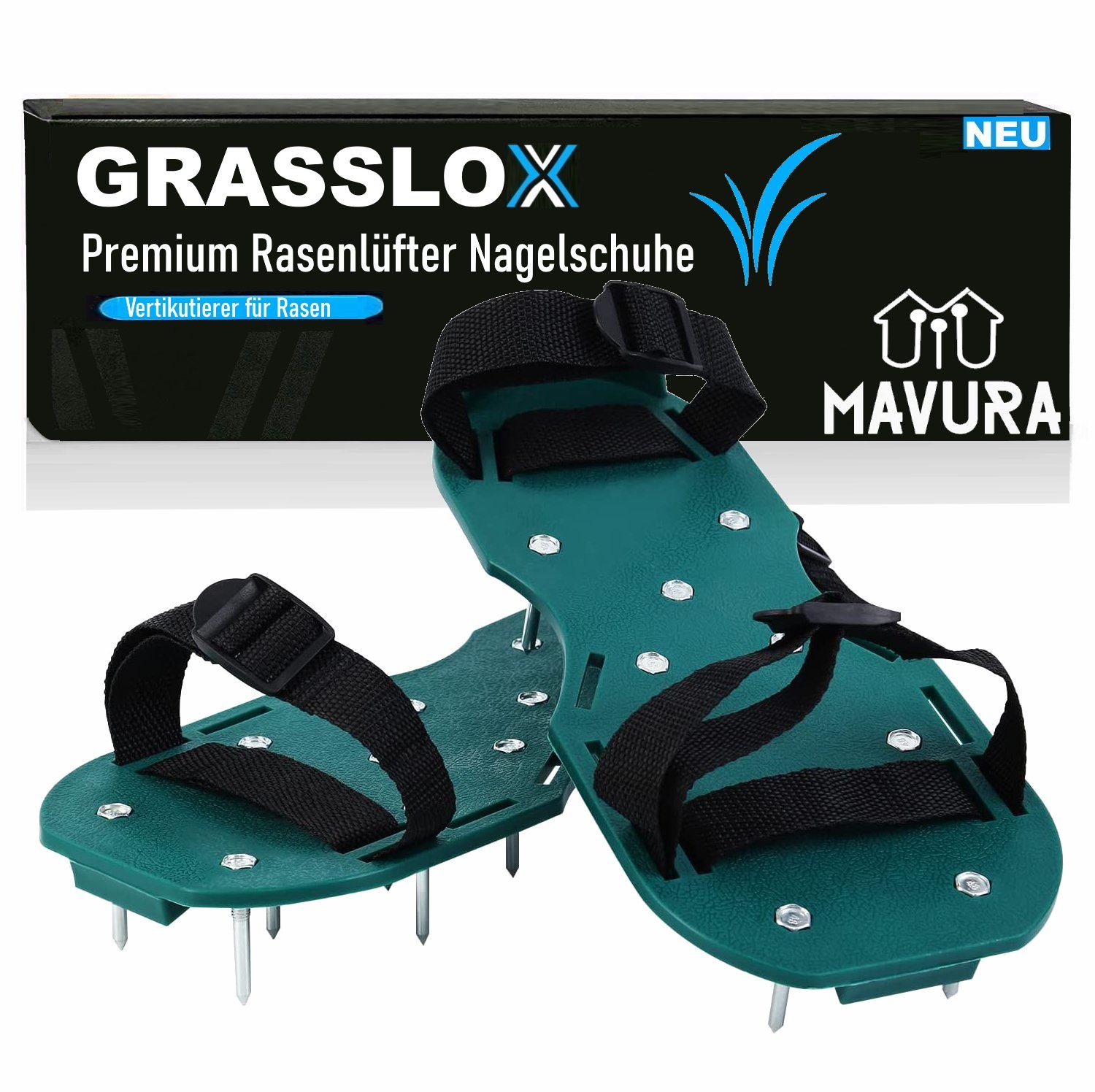 MAVURA Rasenlüfter GRASSLOX Rasenbelüfter Nagelschuhe Vertikutierer Nagelsohlen Schuhe, Gartenschuhe Estrichschuhe Fliesenleger Aerifizierer Schuhe