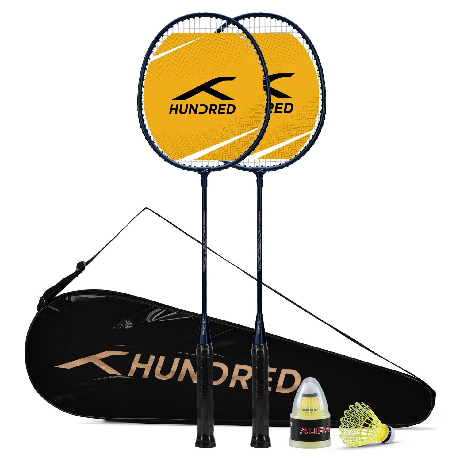 hundred Badmintonschläger Powertek Star Badminton Set zwei Schlägern und Zubehör Komplettpaket, (Badminton Spielset, 2 Schläger, Schutzhülle, Federbälle), Leichtbauweise, spielbereit, ideal für Anfänger