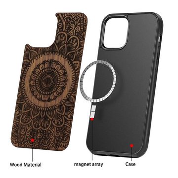 Wigento Smartphone-Hülle Holzfurnier Mandala geprägte Magsafe Hülle Handy Tasche Rosen für Apple iPhone 12 Pro Max 6.7 Zoll