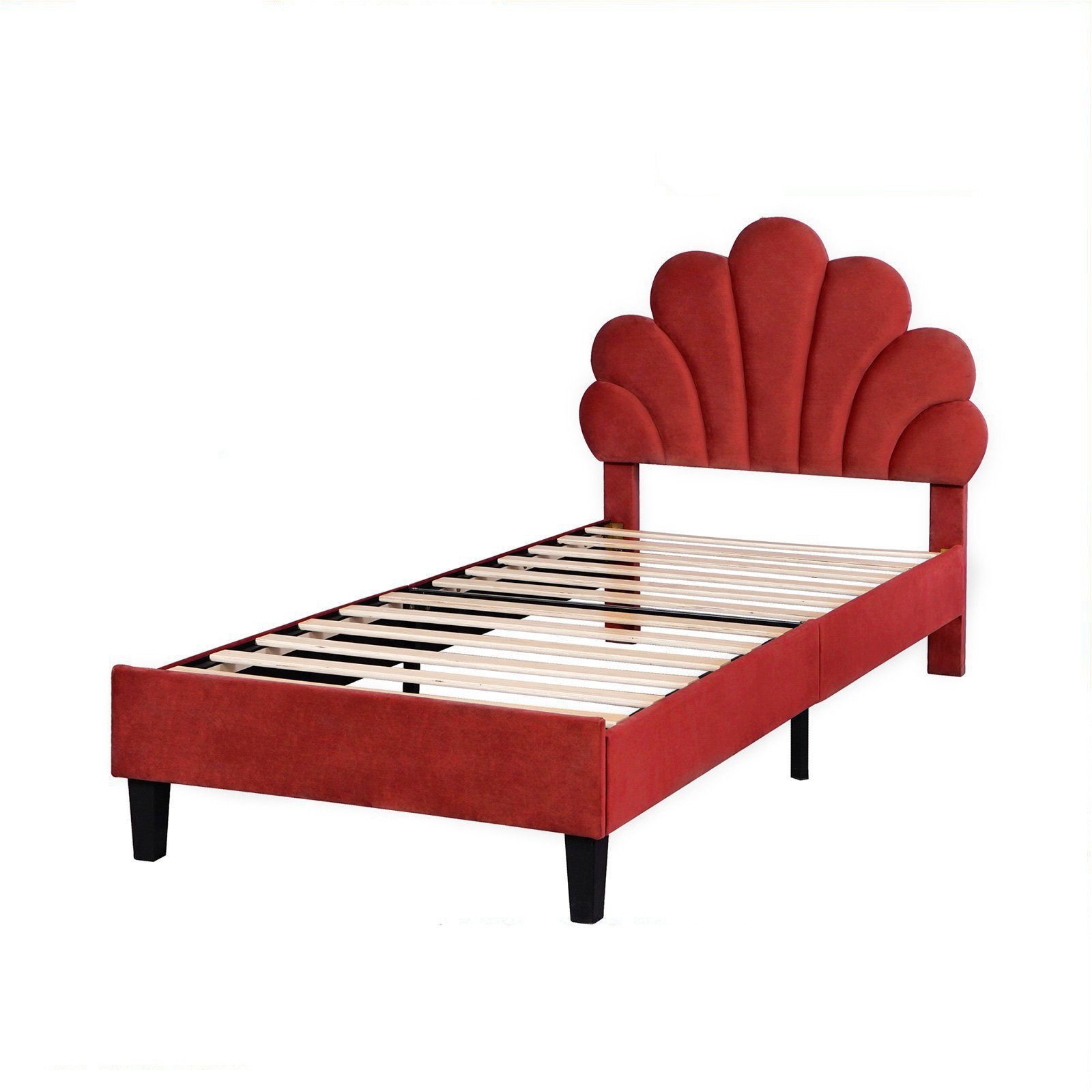 SEEZSSA Polsterbett Polsterbett Kinderbett süßes Einzelbett Mädchenbett mit Blumenform, Rückenlehne und Lattenrosten Gestell aus Holz & Samtstoff 90 x 200 cm