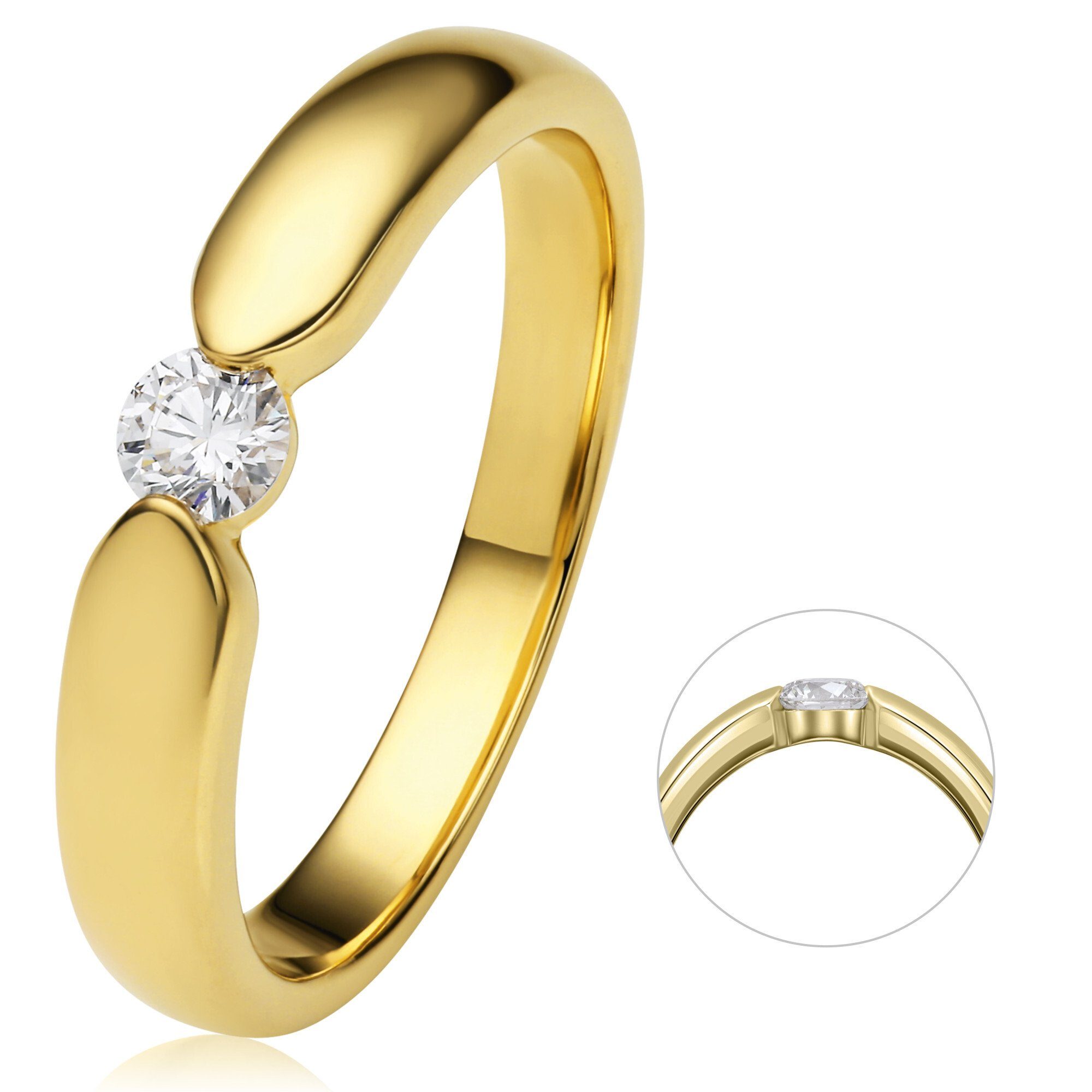 0.17 Gold aus 585 Ring Gelbgold, ct Brillant Diamantring Schmuck Spannfassung ELEMENT Diamant Damen Spannfassung ONE