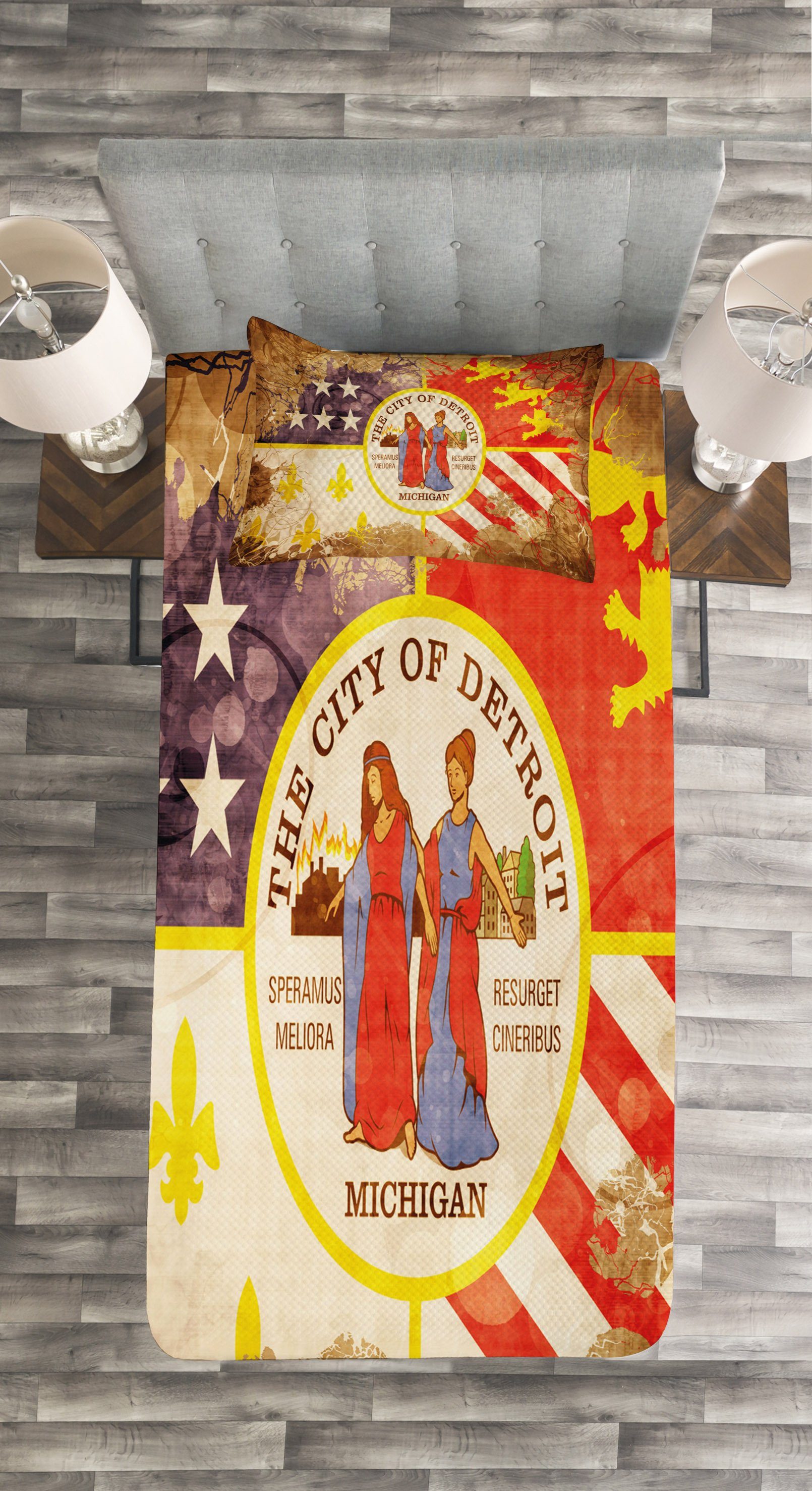 Abakuhaus, Waschbar, Kissenbezügen Detroit USA-Flagge Tagesdecke alte Set Antike mit